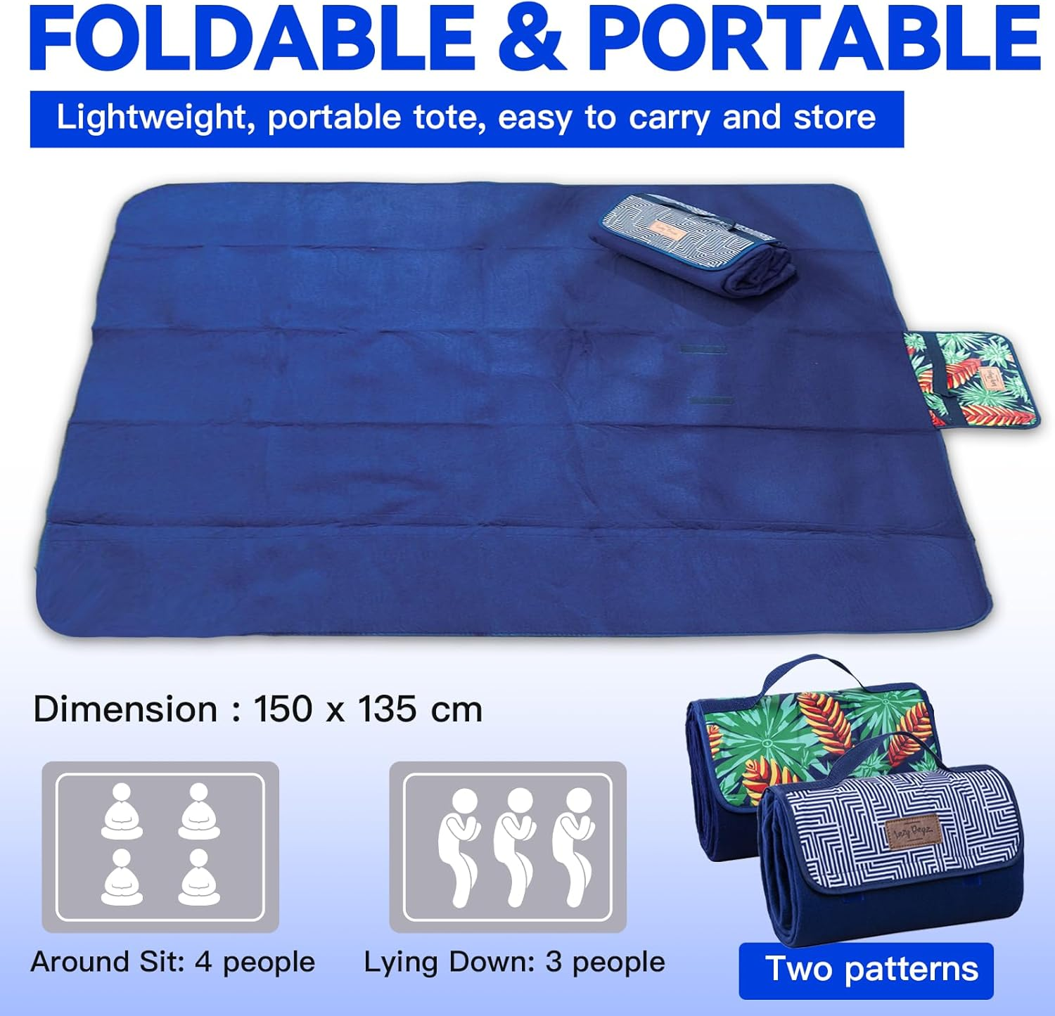 Lazy Dayz Fleece Picnic Rug Portable Outdoor Camping Mat Durable Fabric Foldable Waterproof Large Size Lightweight Beach Mat W/Carry Strap image number 6