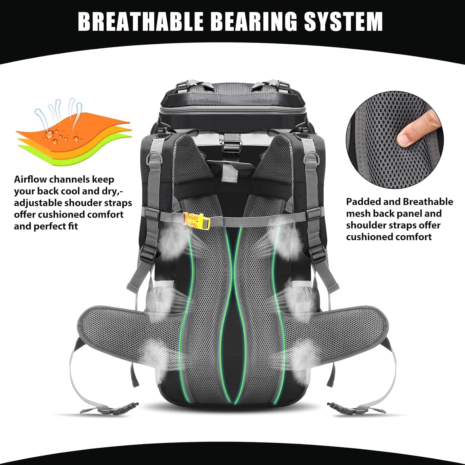 VYNTEL 60L Hiking Backpack with Rain Cover, Unisex Large Outdoor Climbing Backpack for Men & Women, Multi Compartments Camping Rucksack, Adjustable Trekking Bag for Travel image number 3