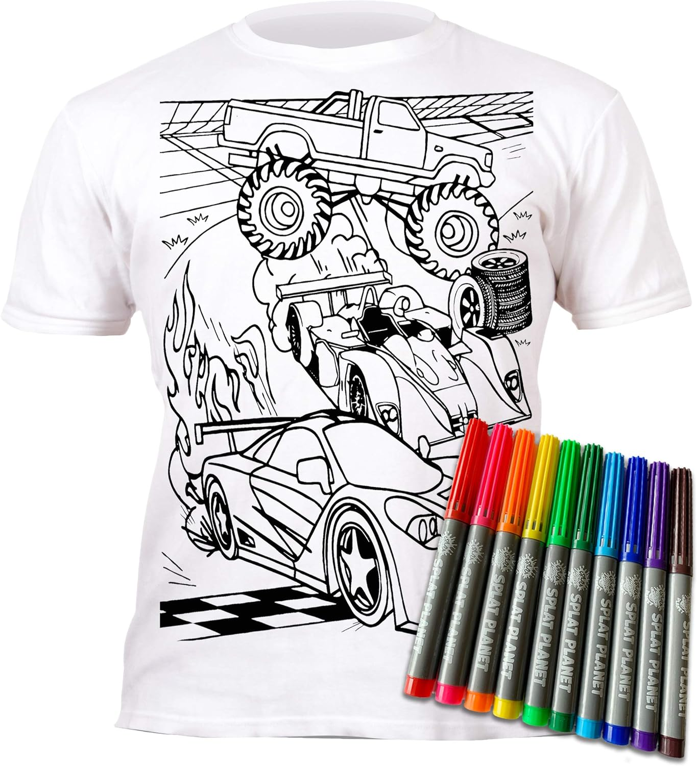 Splat Planet Color in Racing Car T-Shirt with 10 Non-Toxic Washable Magic Pens - Color Your Own T-Shirt image number 1