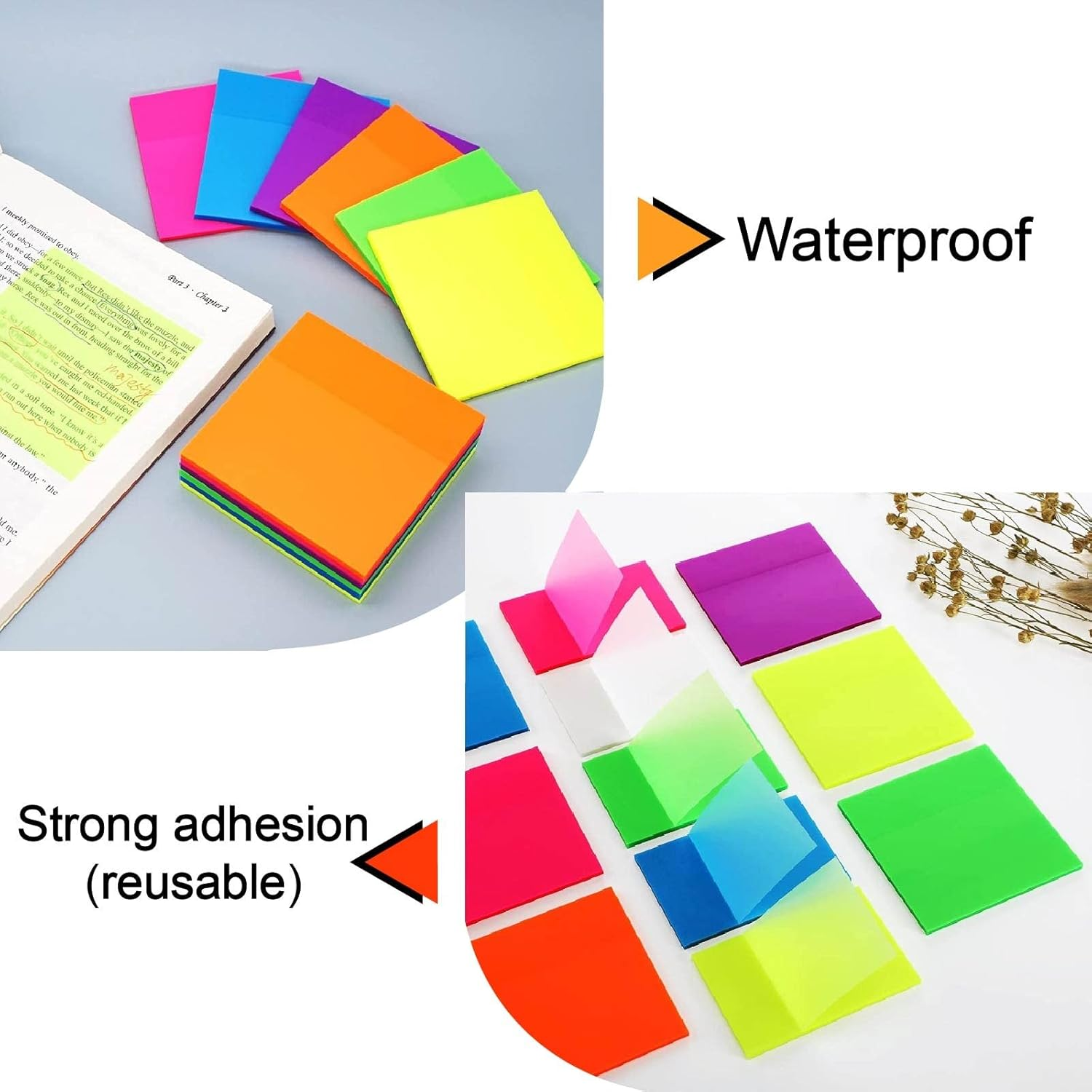 Masper 6 Pads/300 Sheets Transparent Sticky Notes in 6 Colours, 7.5Cm X 7.5Cm Clear Sticky Notes, Quality Waterproof Sticky Notes Memo Pads