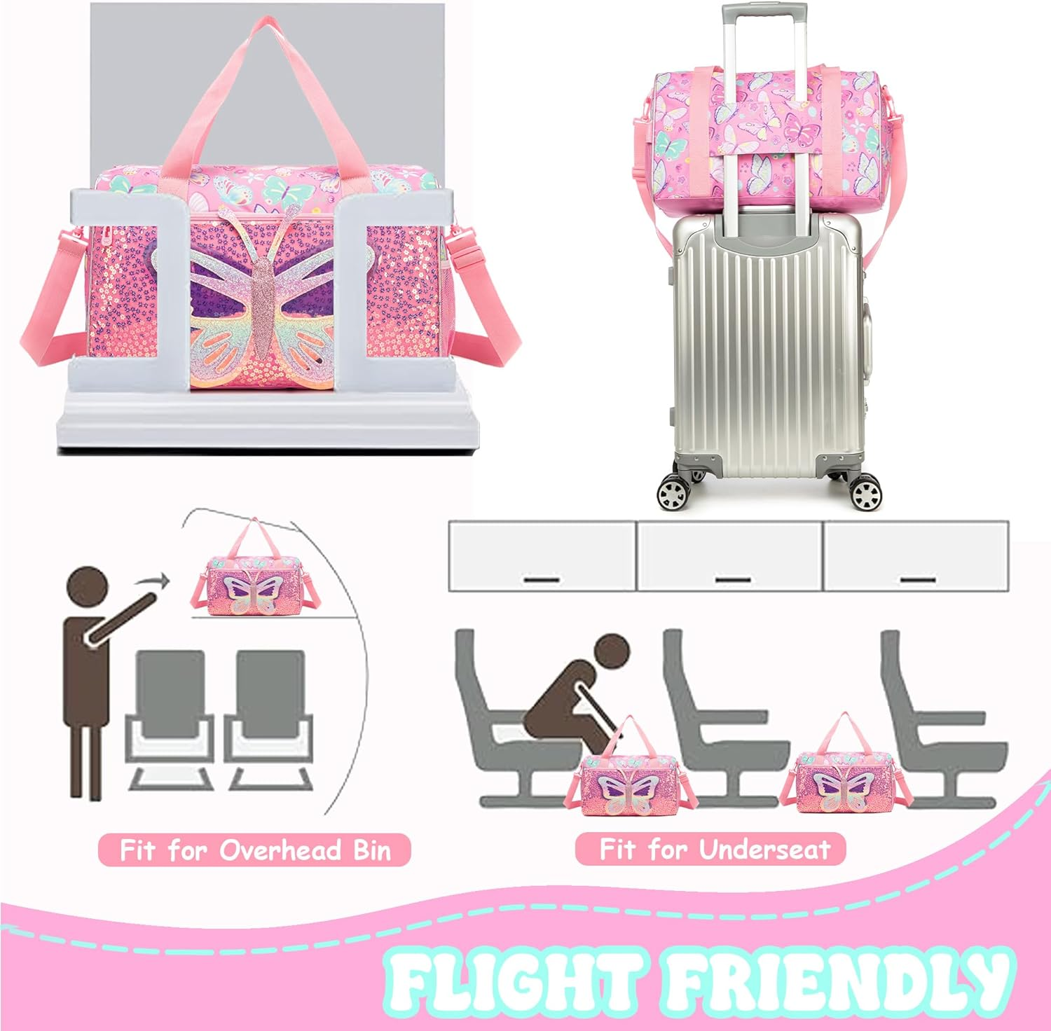 Homskiii Kids Pink Butterfly Luggage with Wheels Suitcases Travel Softside Suitcases 16" Carry on Suitcase with Duffle Bag Luggage Sets Airline Approved image number 1