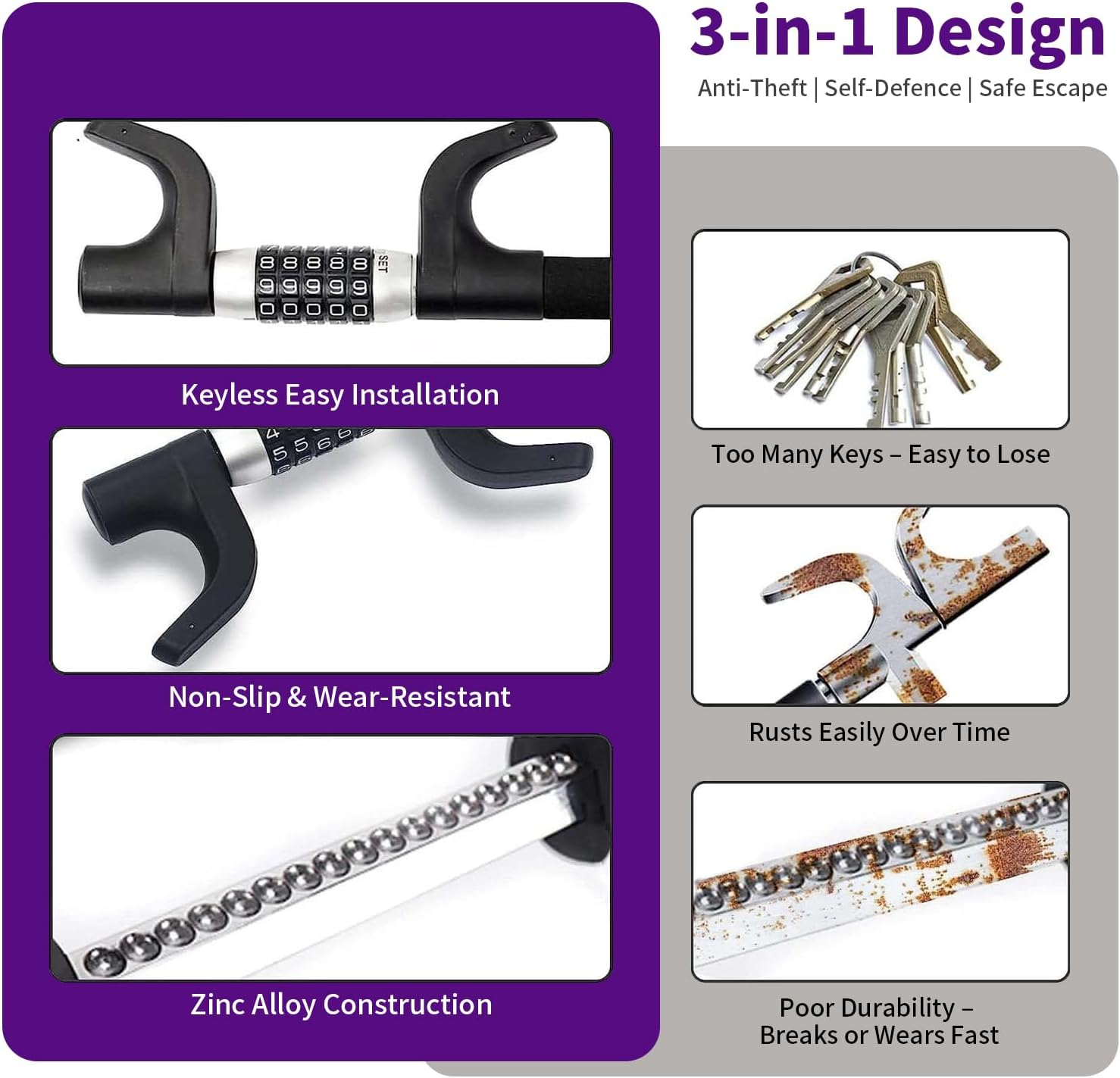 Steering Wheel Lock, Heavy Duty U-Shaped Car Anti-Theft Device with Adjustable Fit, Quick Install Security Lock for Cars, Suvs & Trucks (Black) image number 2