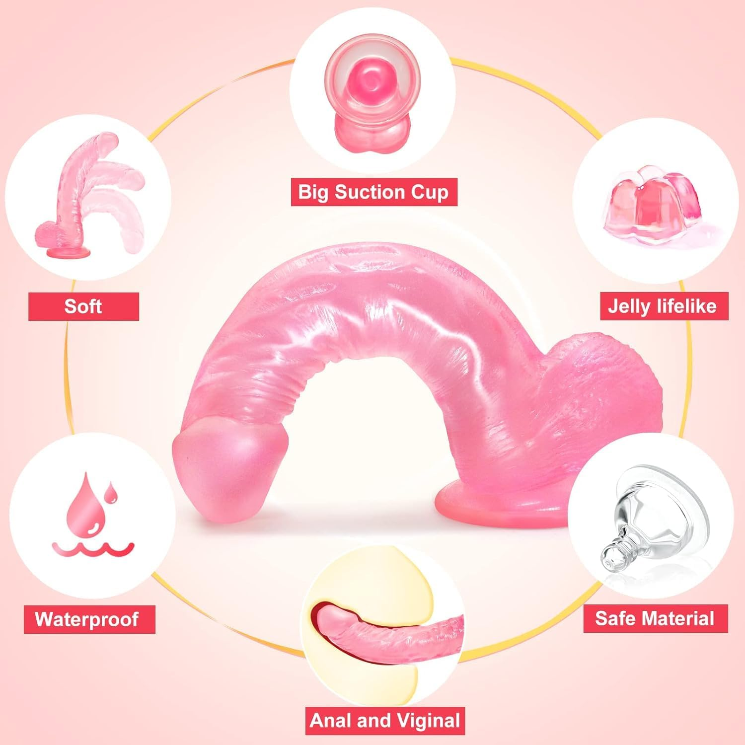 21CM Realistic Classic Pink Dildo Striking Flexible Silicone Toys，Smooth Ultra-Soft Stick Bendable with Super Suction Cup (Clear Pink) image number 4