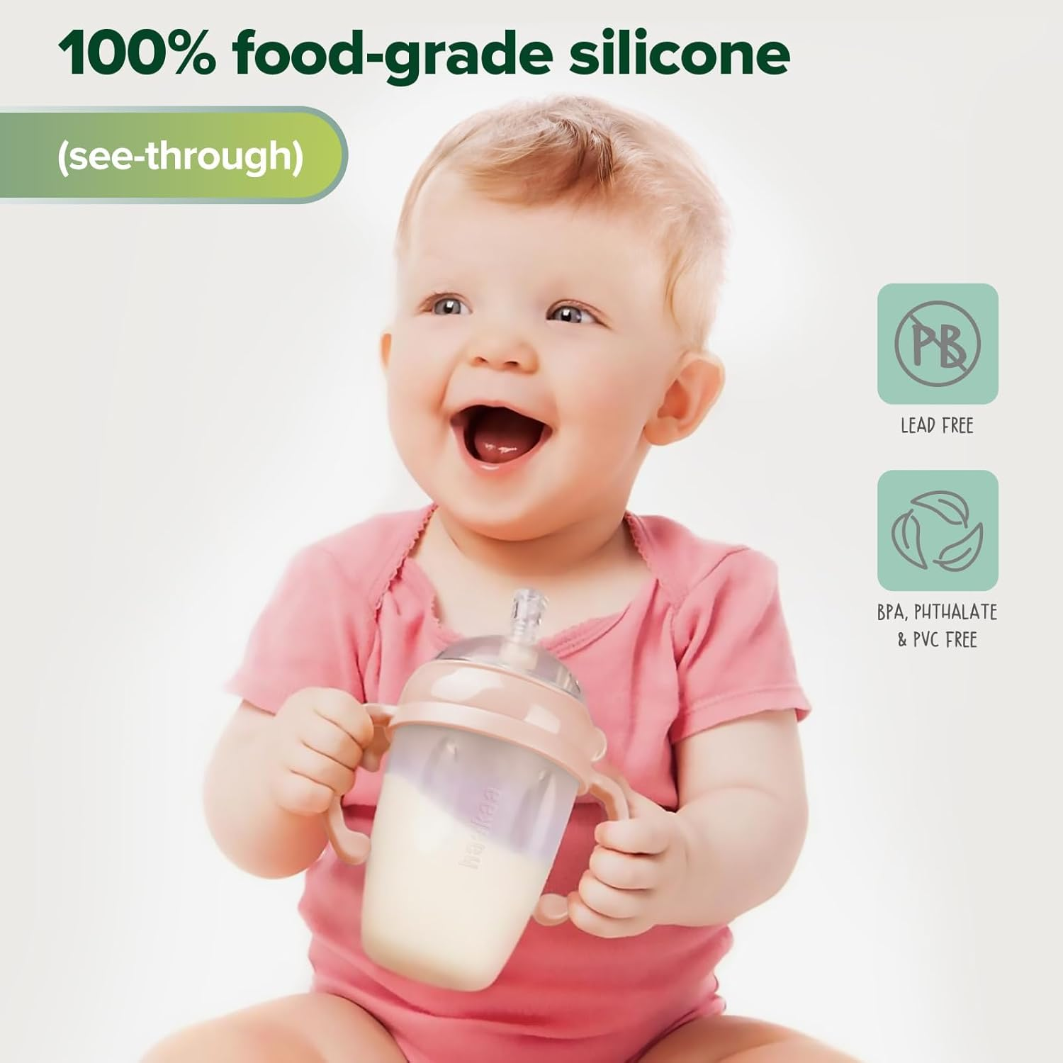 Haakaa Weighted Straw Trainer Cup with Cap 8 Oz, Gen.3 Silicone Sippy Cup with Cap & Straw Brush, Infant Water Cup with Straw, Peach - Pink image number 6