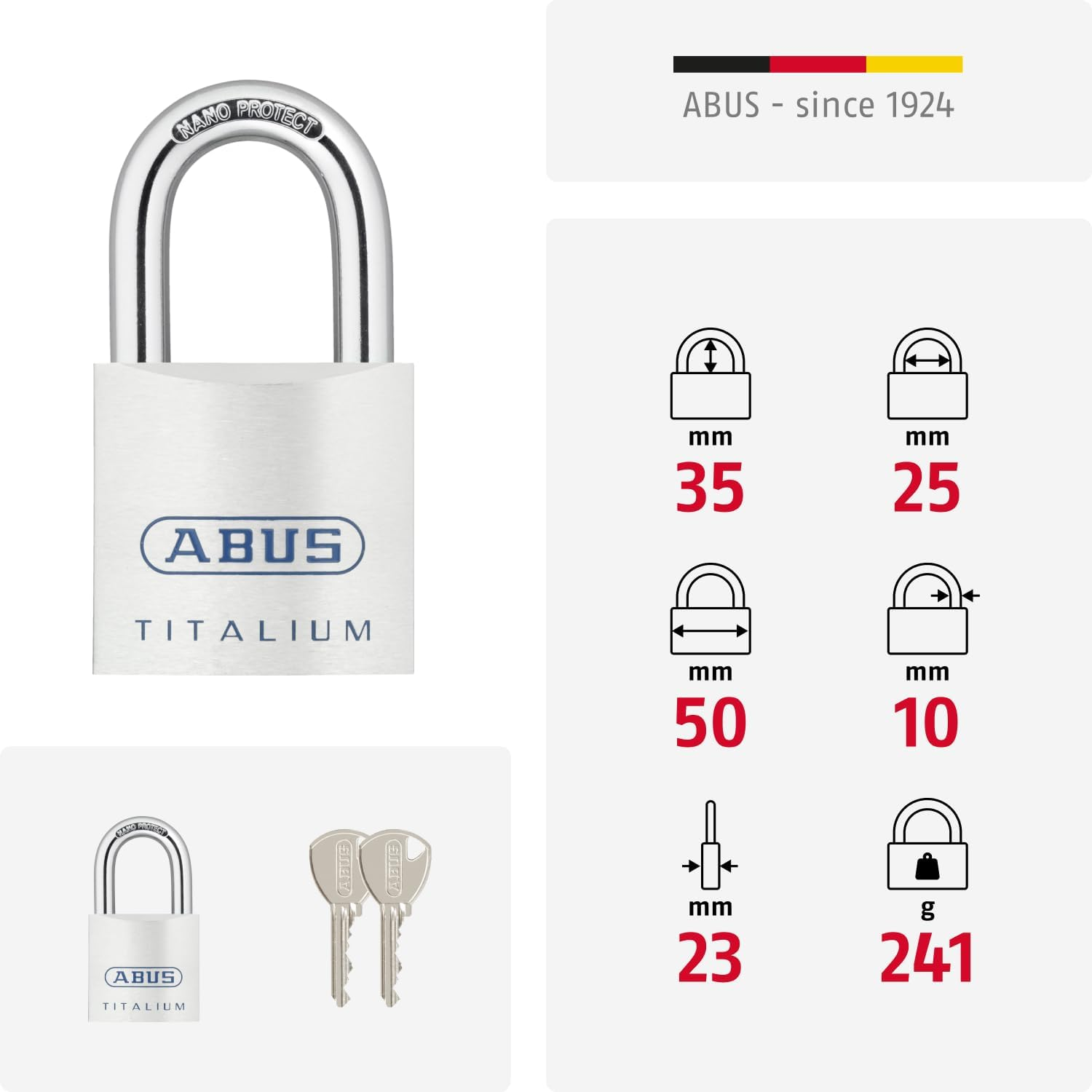 ABUS Titalium 80TI/50 Gl.-8012 Padlock - Keyed Alike - Basement Lock with Lightweight, Solid Lock Body Made of Special Aluminium - ABUS Security Level 8 - Silver image number 1