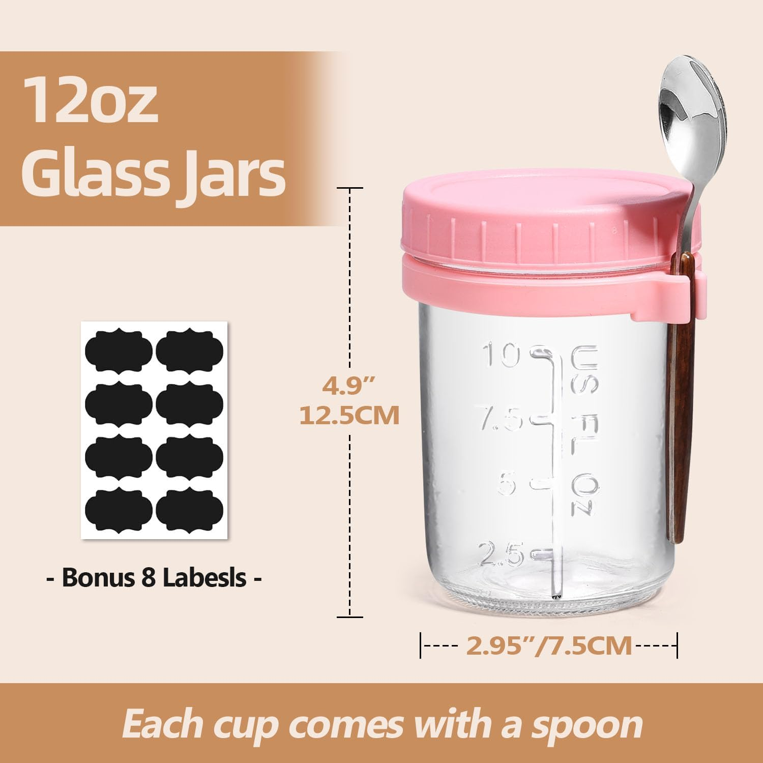 12 OZ Overnight Oats Jar Pack of 6, Airtight Glass Oatmeal Container with Spoon Overnight Oats Container with Lids for Milk, Cereal, Fruit image number 3