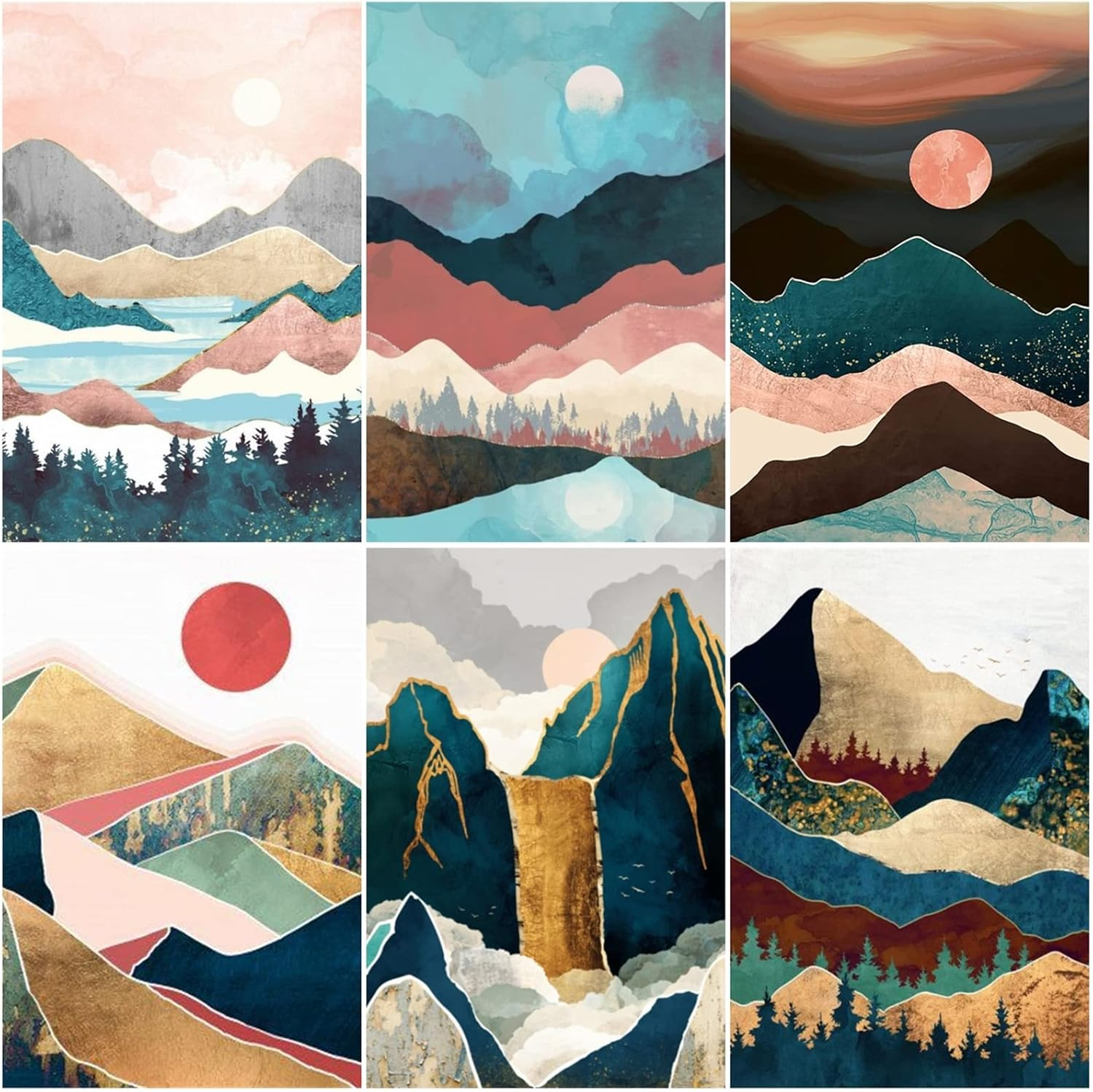 LFMU 6 Pack Diamond Painting Kits for Adults,Full round Drill Diamond Painting Abstract Landscapes DIY 5D Diamond Art Craft for Home Wall Decor Gift (12X16Inch) DP