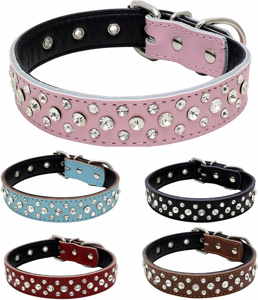 Haoyueer Rhinestones Dog Collar, Adjustable Sparkly Crystal Studded Genuine Leather Pet Dog Collar for Small and Medium Dogs (M, Black)