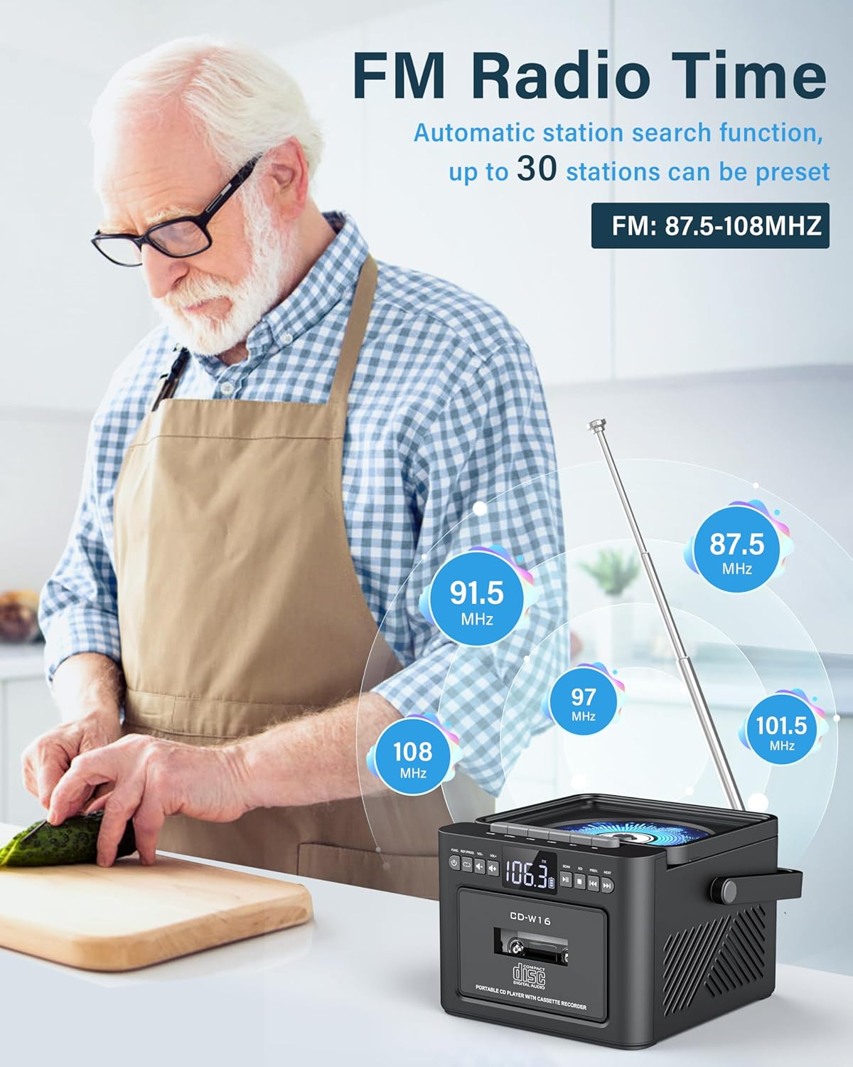 Boombox Cassette CD Player Bluetooth5.1 with 5000Mah Battery,5W Dual Stereo Speakers,Rechargeable CD Player with FM Radio,Remote Control,Tape Recording,3.5Mm Earphone Jack,Aux/Micro SD/USB for Home