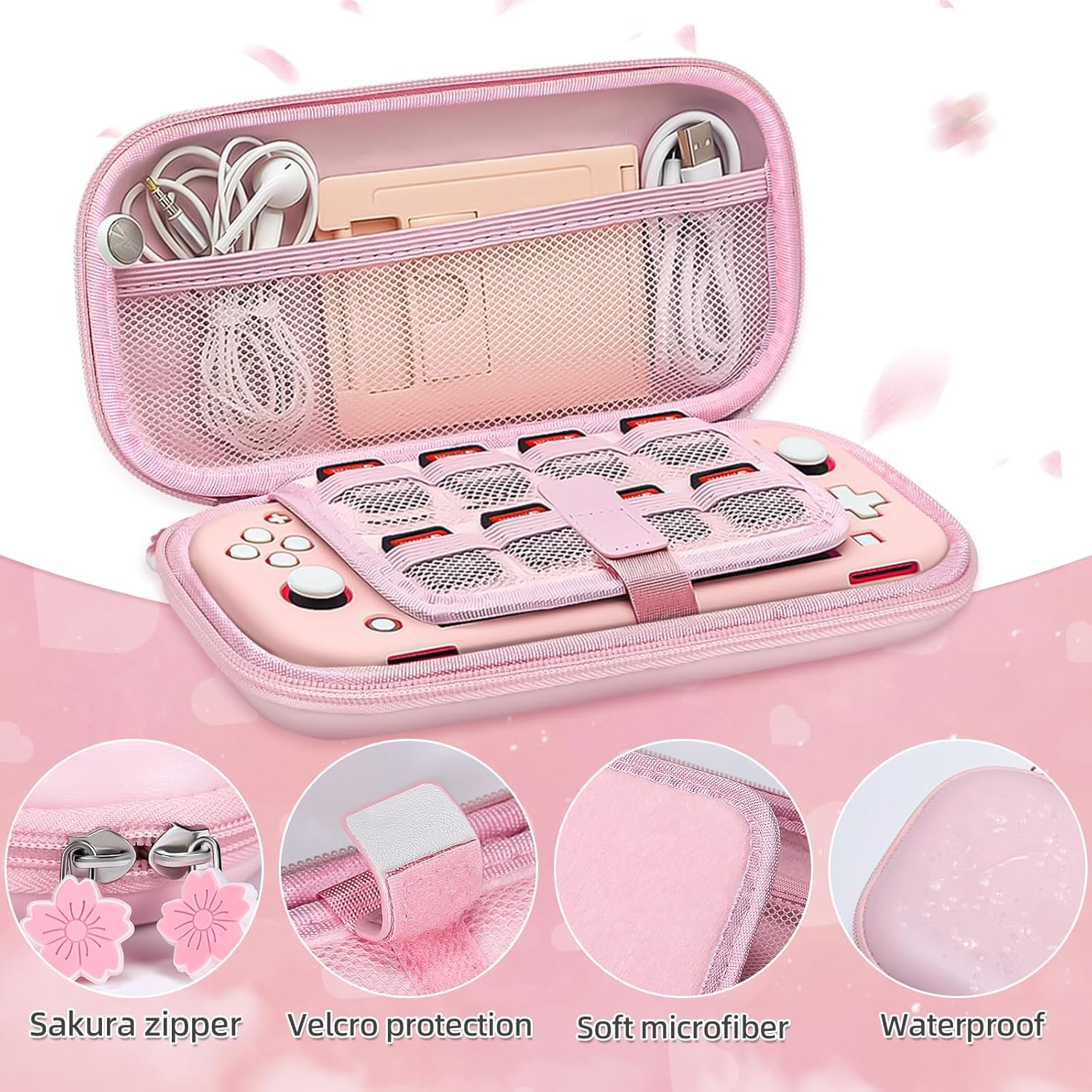 BRHE Pink Travel Carrying Case Accessories Kit for Nintendo Switch Lite, Hard Protective Cover Skin Shell with Stand, Glass Screen Protector, Sakura Thumb Grip Caps 9 in 1