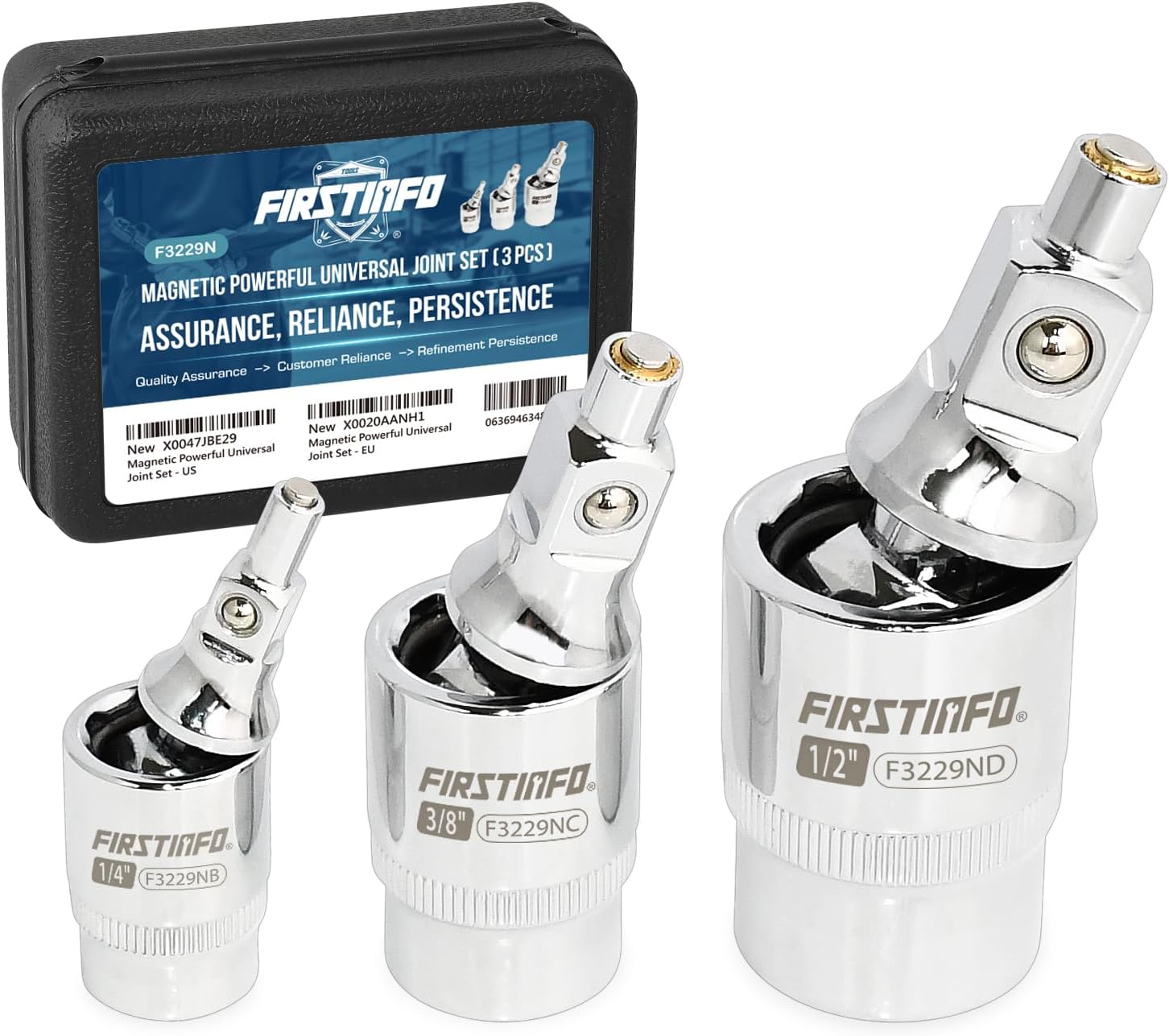 FIRSTINFO F3229N 3-Piece Magnetic Universal Joint Adapter Set, 2-Stage Design Changes Adapter from 360&deg; Swivel to Fixed Position, Includes 1/4-Inch, 3/8-Inch, and 1/2-Inch Drive image number 2