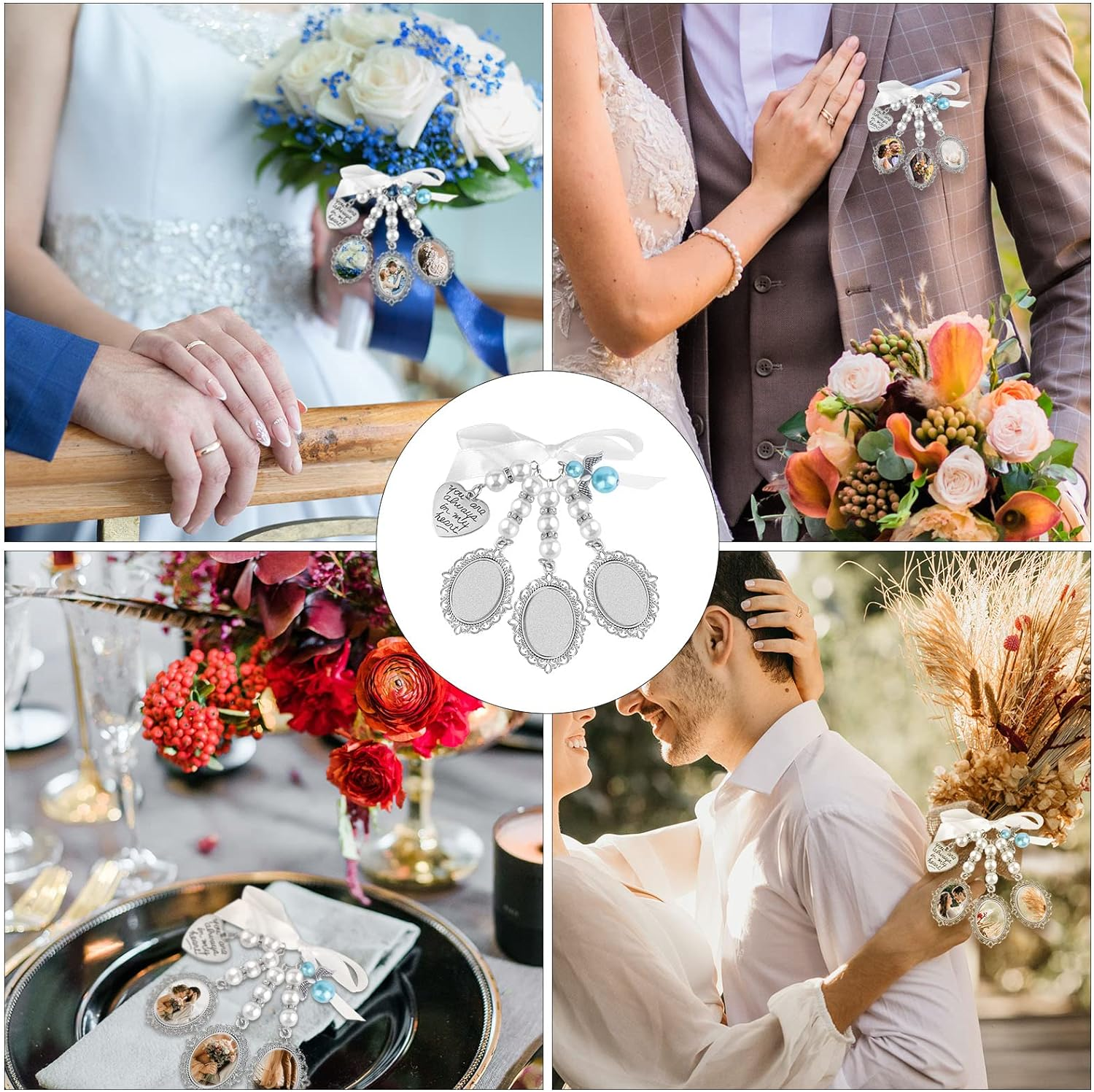 SAVITA 1Pc Wedding Bouquet Photo Charm with 3Pcs Picture Frames 3Pcs Oval Glass Cabochons Aesthetic Bridal Bouquet Charm Holders with Bow-Knot Rhinestone Pearl Heart Styled Pendent for Bridal Shower