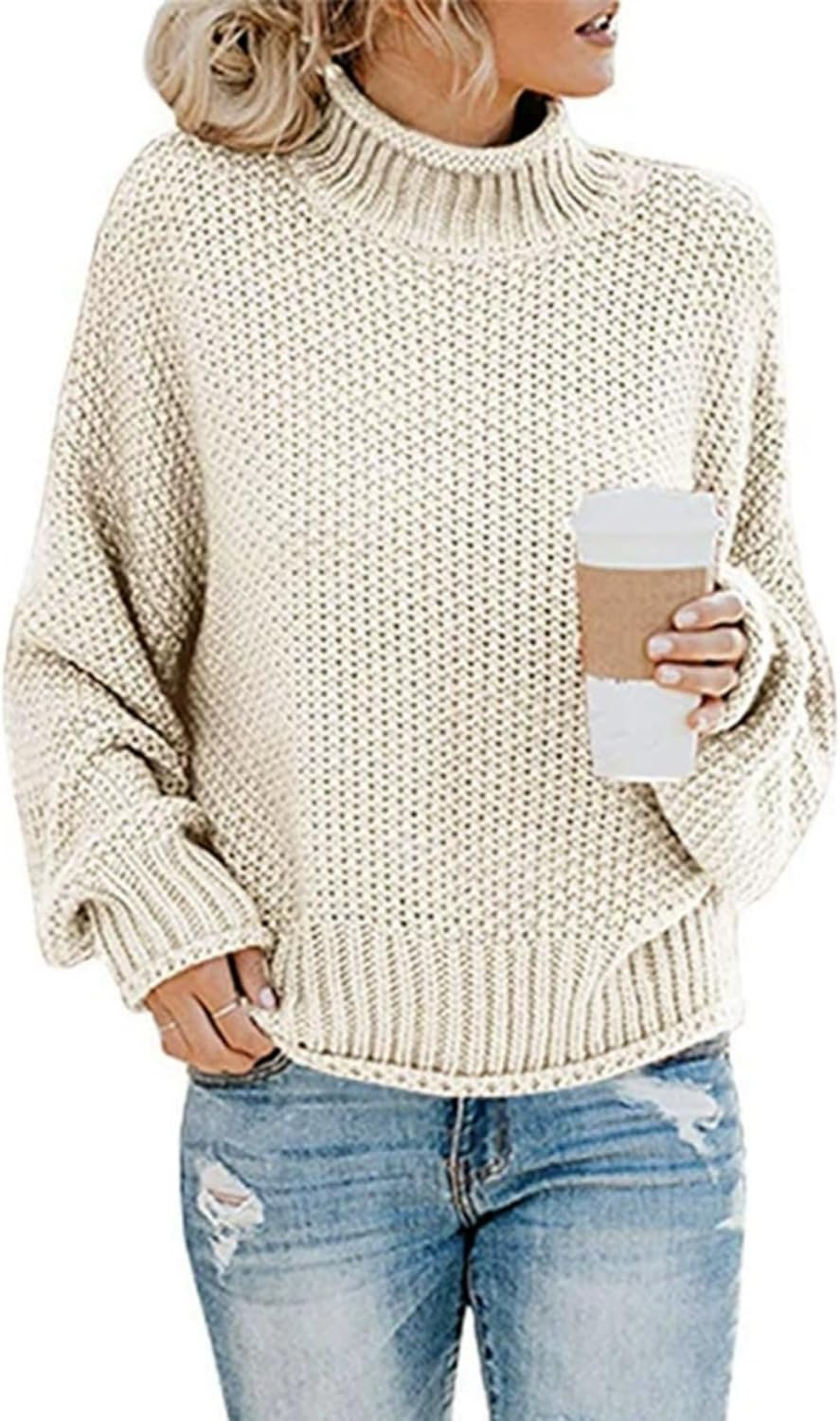 Womens Chunky Knit Slouchy Turtleneck Pullover Batwing Long Sleeve Pullover Loose Solid Casual Pullover Fall Tops Jumper