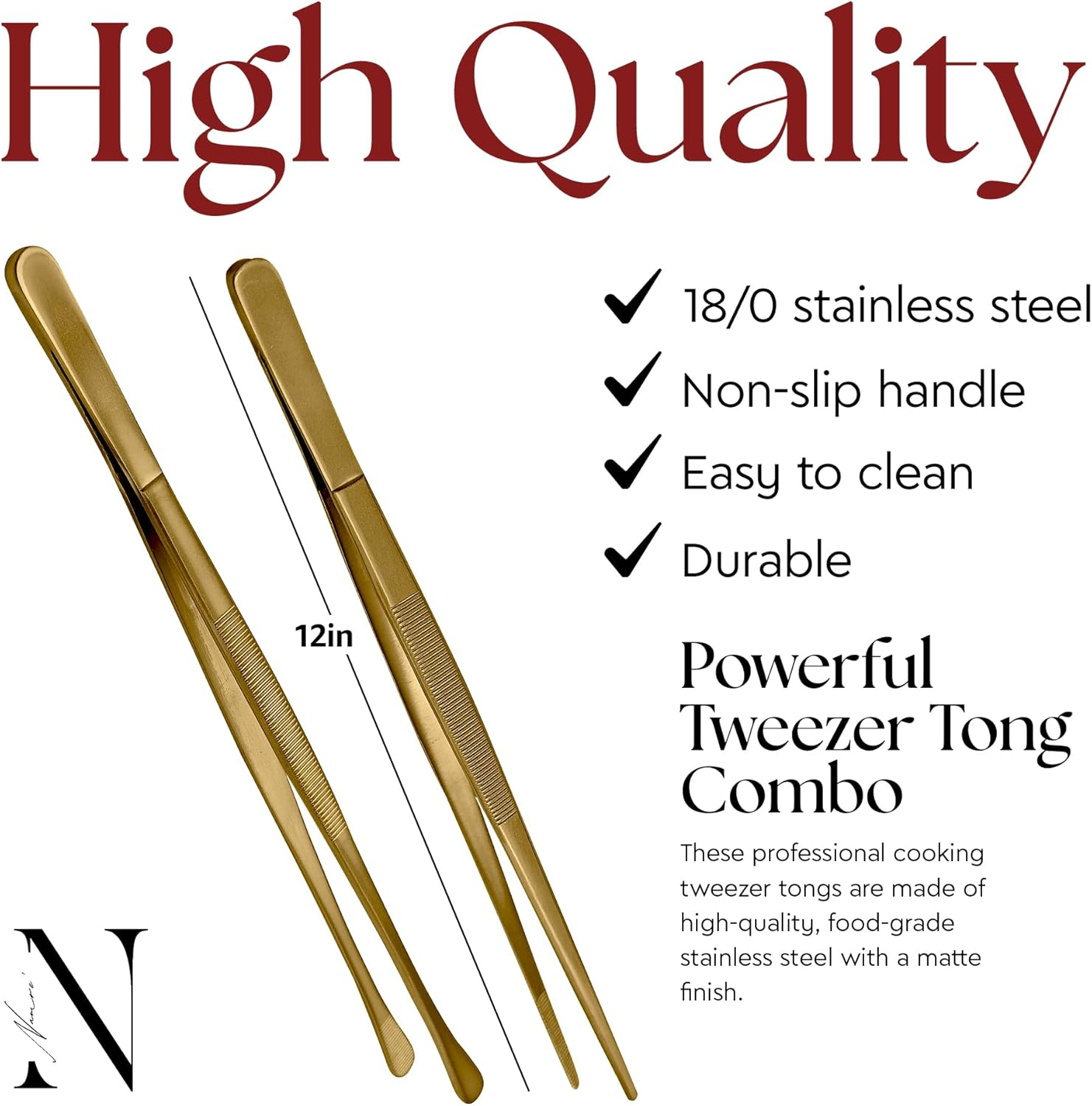 Namre' Tweezer Tongs for Cooking -Plating - 2 Pack Stainless Steel Cooking Tongs - Thin Chopstick Precise & Strong Chef Tweezers for Food & Small Objects - 12 Inch - (Gold) image number 1