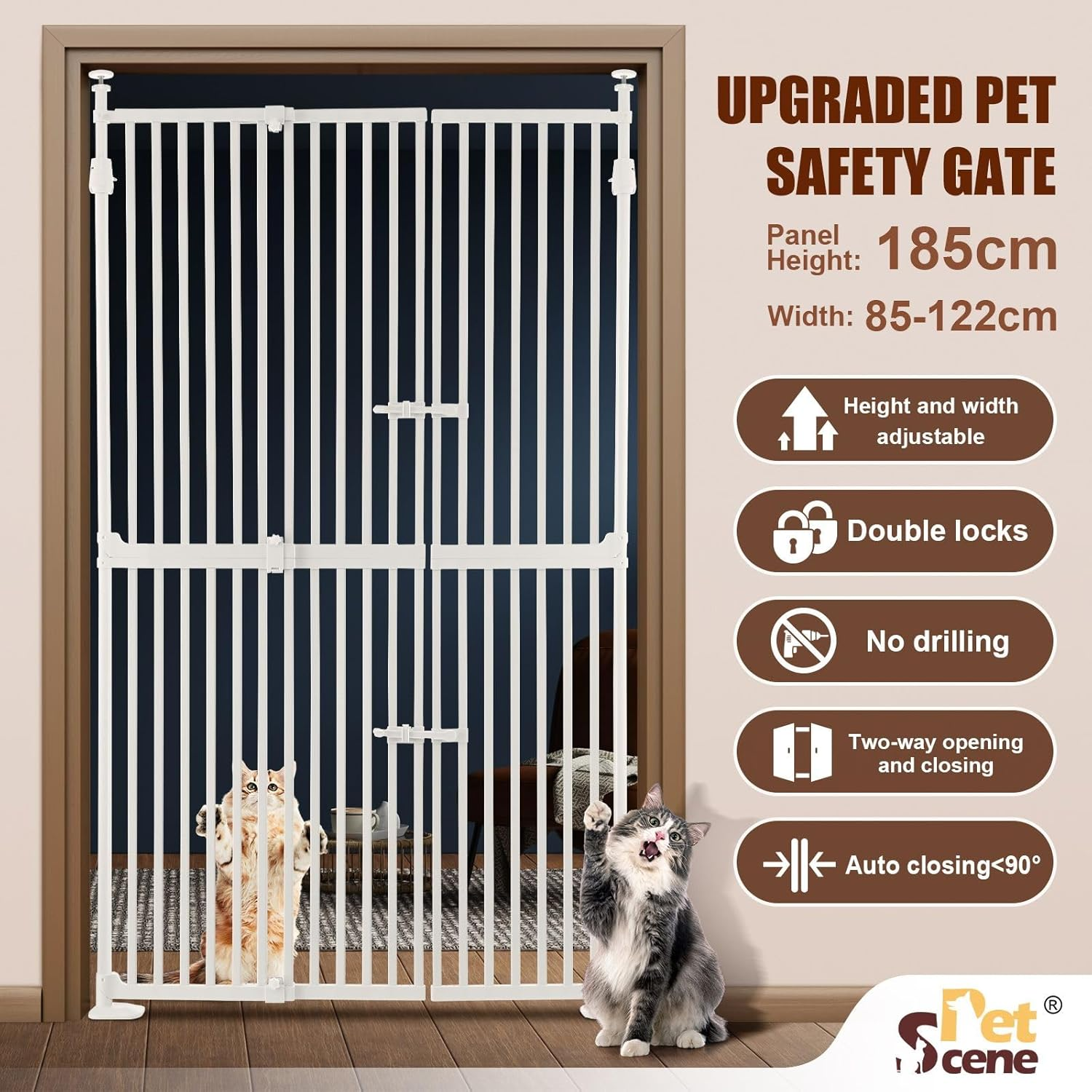 Pet Scene 185CM Retractable Pet Safety Gate for Dog Cat Adjustable Width 85-122CM, Extra Tall Fence Enclosure Guard Security Barrier Fencing for Stairs Doorway Kitchen, Measure Height 190-250CM, White - White - Extend Width 85-122Cm image number 4