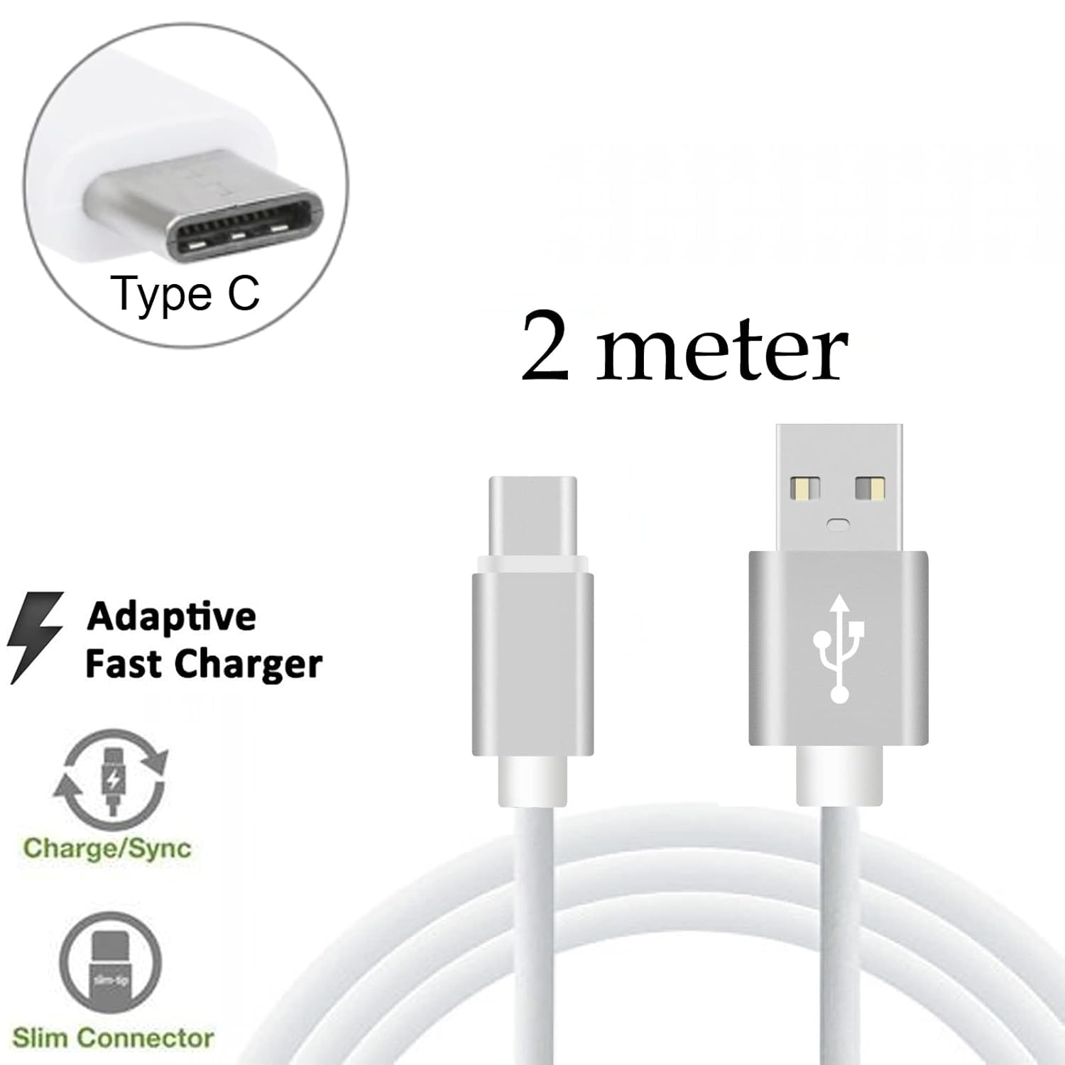 Type-C Fast Data Charger USB Cable Cord for Oppo A5 A9 A52 A72 A91 A53 A53S A54 A74 A94 5G A16S A54S R17 Pro A76 A96 A77 A57 A57S (2 Meter) image number 1