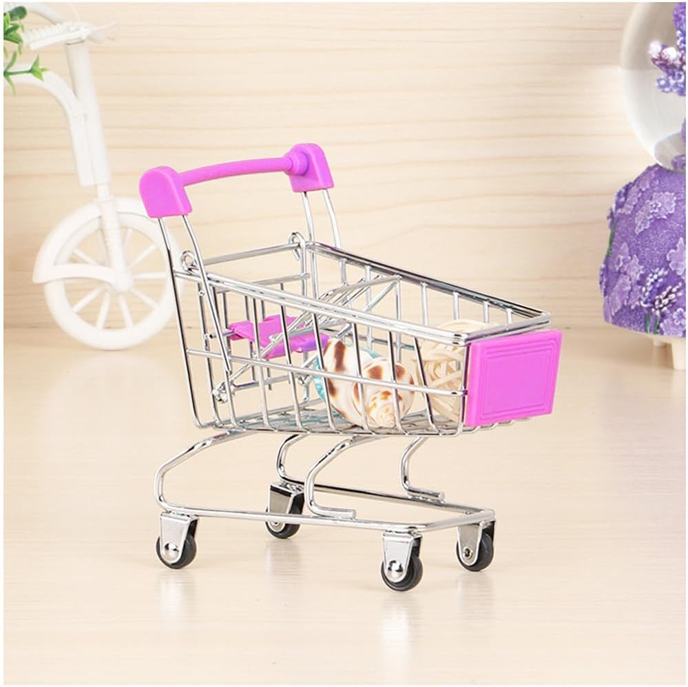 2 PCS Mini Shopping Cart, Trolley, Grocery Basket for Desktop Decor, Make up Holder Rack Storage (Yellow+Pink) image number 1