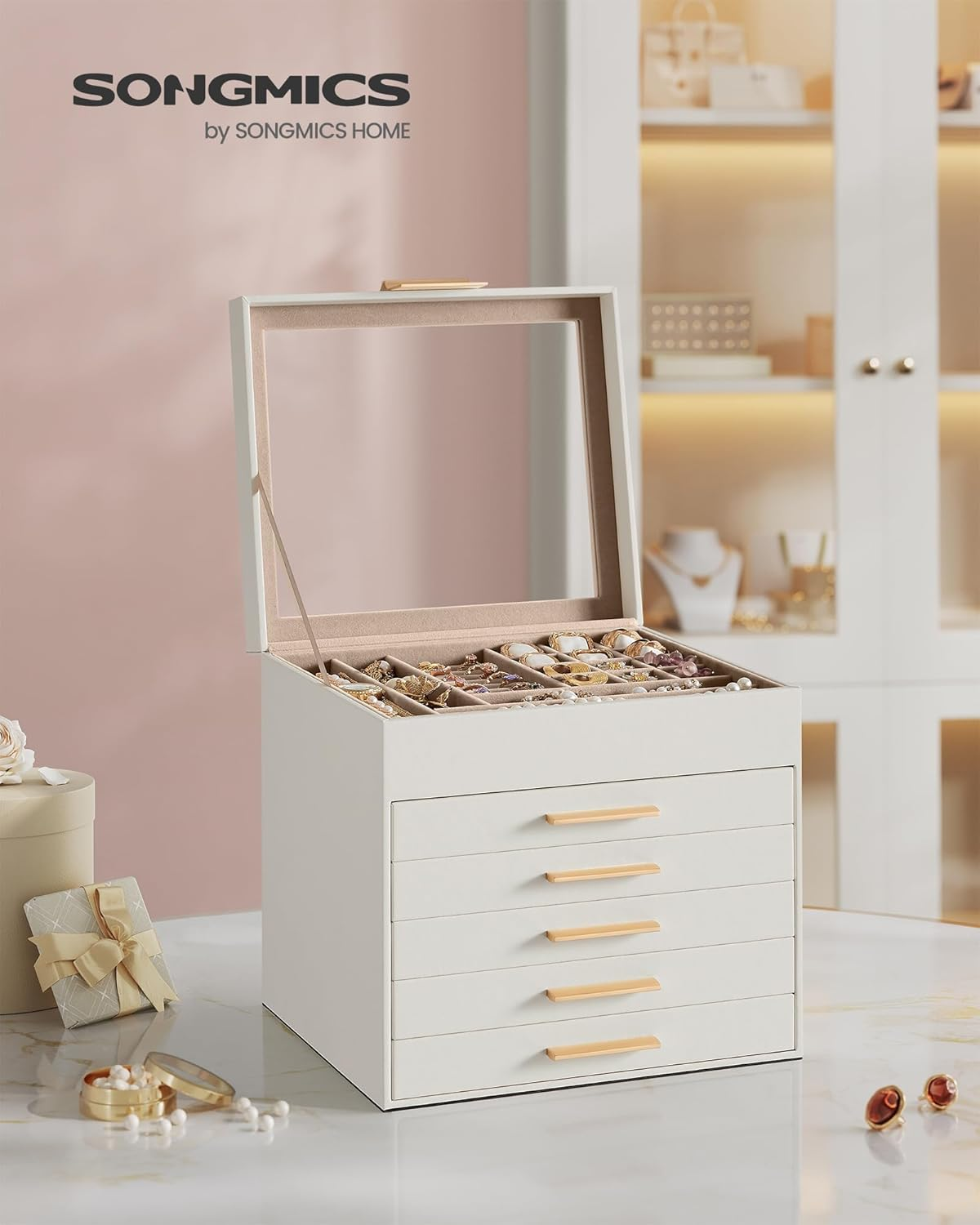 SONGMICS Jewelry Box Organizer with Glass Lid, 6-Layer Jewelry Storage, with 5 Drawers, Modern Style, 8 X 9.1 X 9 Inches, Cloud White and Gold Color JBC176W01
