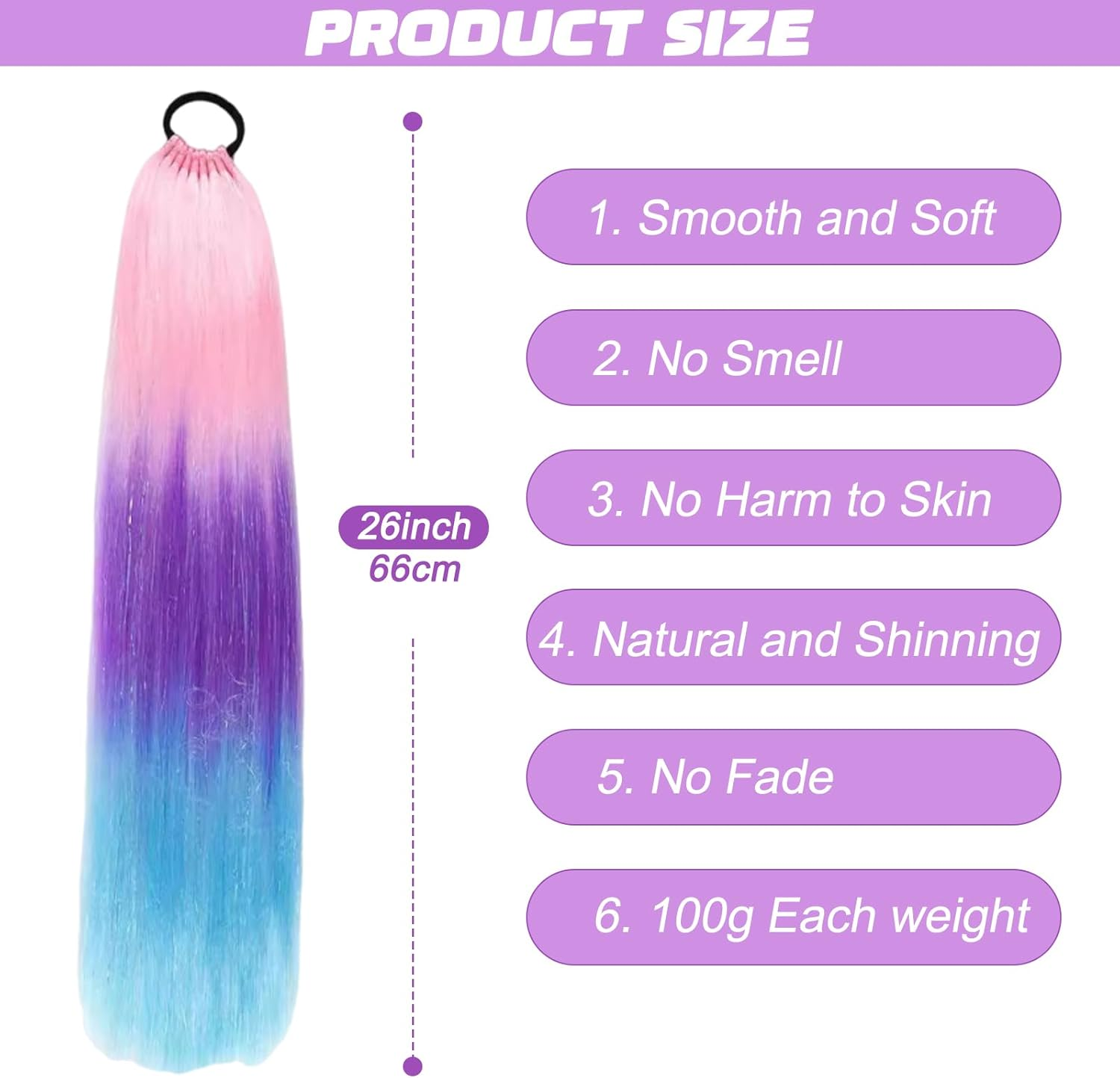 Rainbow Ponytail Extensions with Hairtie - 9 Strands Colored Glitter Hair for Braiding 66Cm Synthetic Crazy Color Hair Accessories for Girls Women Kids Braiding Extensions for Crazy Coiffure (A) image number 5