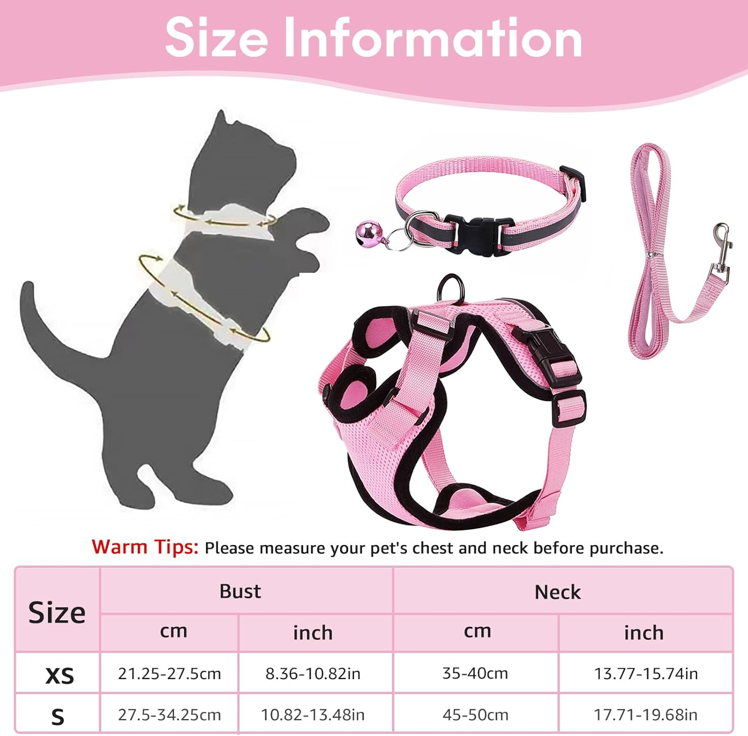 Pink Kitten Harness, Adjustable Soft Cat Harness Set, Cat Harness Kitten with Reflective Strips, Cat Lead with Harness for Cats, Cat Harness for Small, Medium Kittens (XS)
