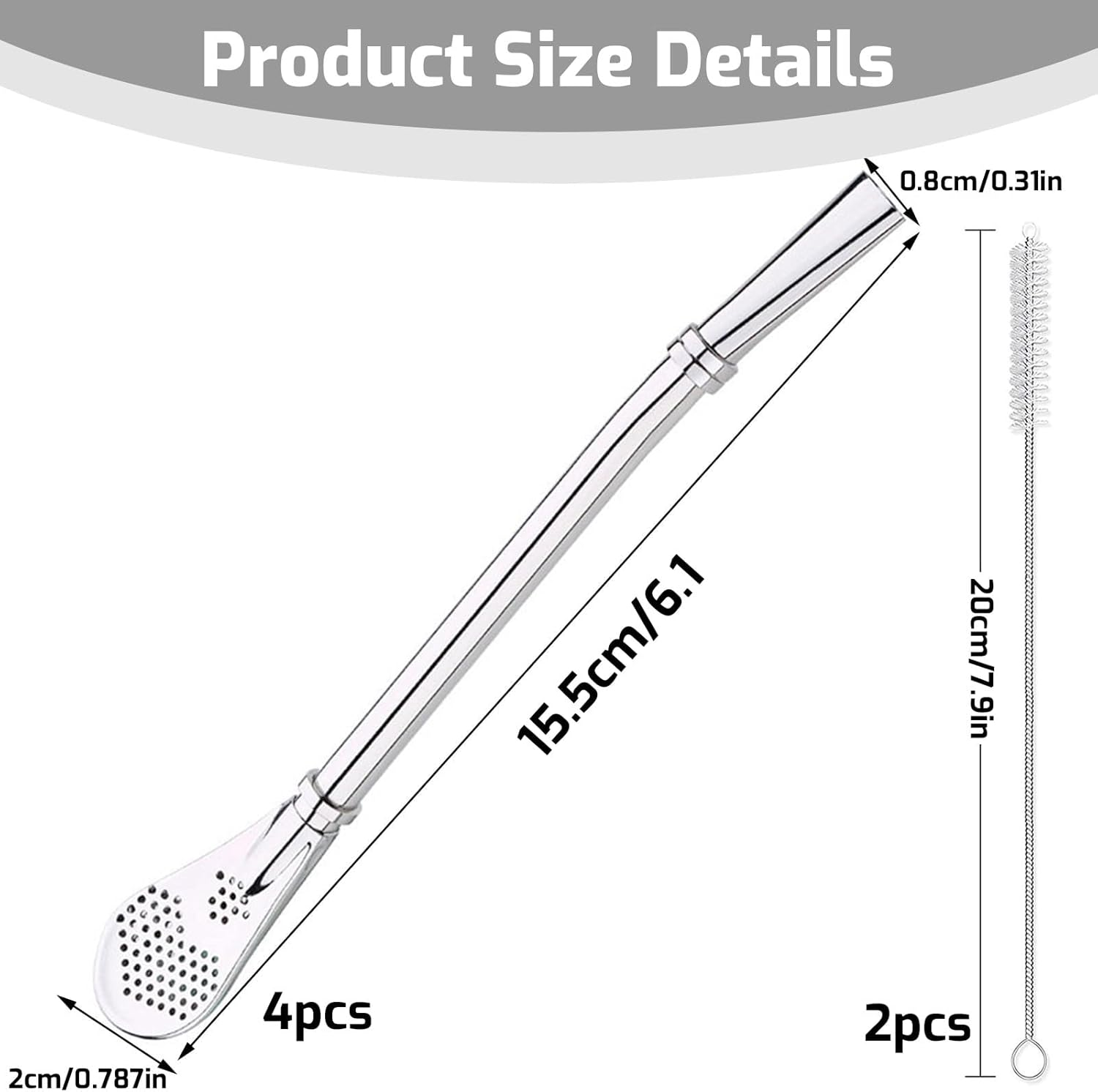 4-Pack Yerba Mate Straws, Stainless Steel Spoon Straws with Filters - Reusable Loose Leaf Tea Drinking Straws & Stirring Spoons, Includes 2 Cleaning Brushes image number 3