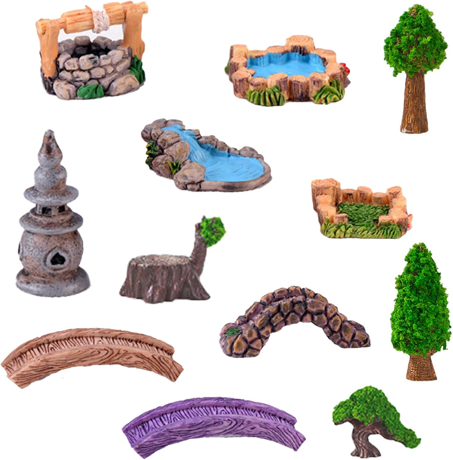Miniature Fairy Garden Ornaments Set - Mini Garden Bridge, Lighthouse, Water Well, Pond Figurines for DIY Craft Garden Decoration