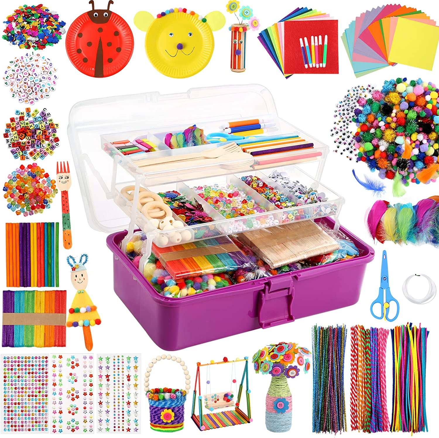 Caydo 3000 Pcs Kids Art and Crafts Supplies, Toddler DIY Craft Art Supplies Set Include Pipe Cleaners, Pom Poms, Portable 3 Layered Folding Storage Box for Kids