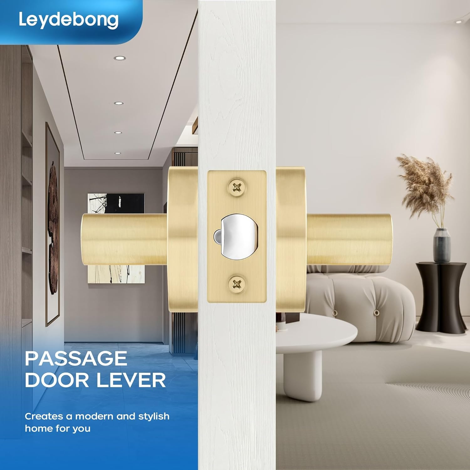 Leydebong 4 Pack Satin Brass Door Handles, Door Knobs Interior in Gold Finish, Passage Door Knobs Heavy Duty Contructions, Keyless Hallway Closet Door Knobs image number 2