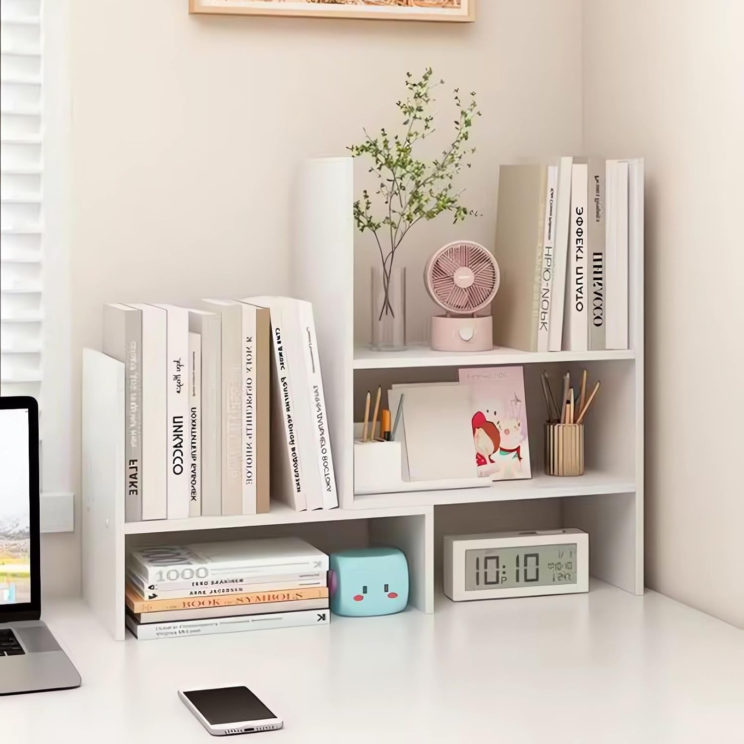 Desktop Bookshelf Organiser, Wood Bookcase, Office Desk Storage Shelf, Adjustable Width 36-72 Cm Bookshelves A292 (C White) image number 5