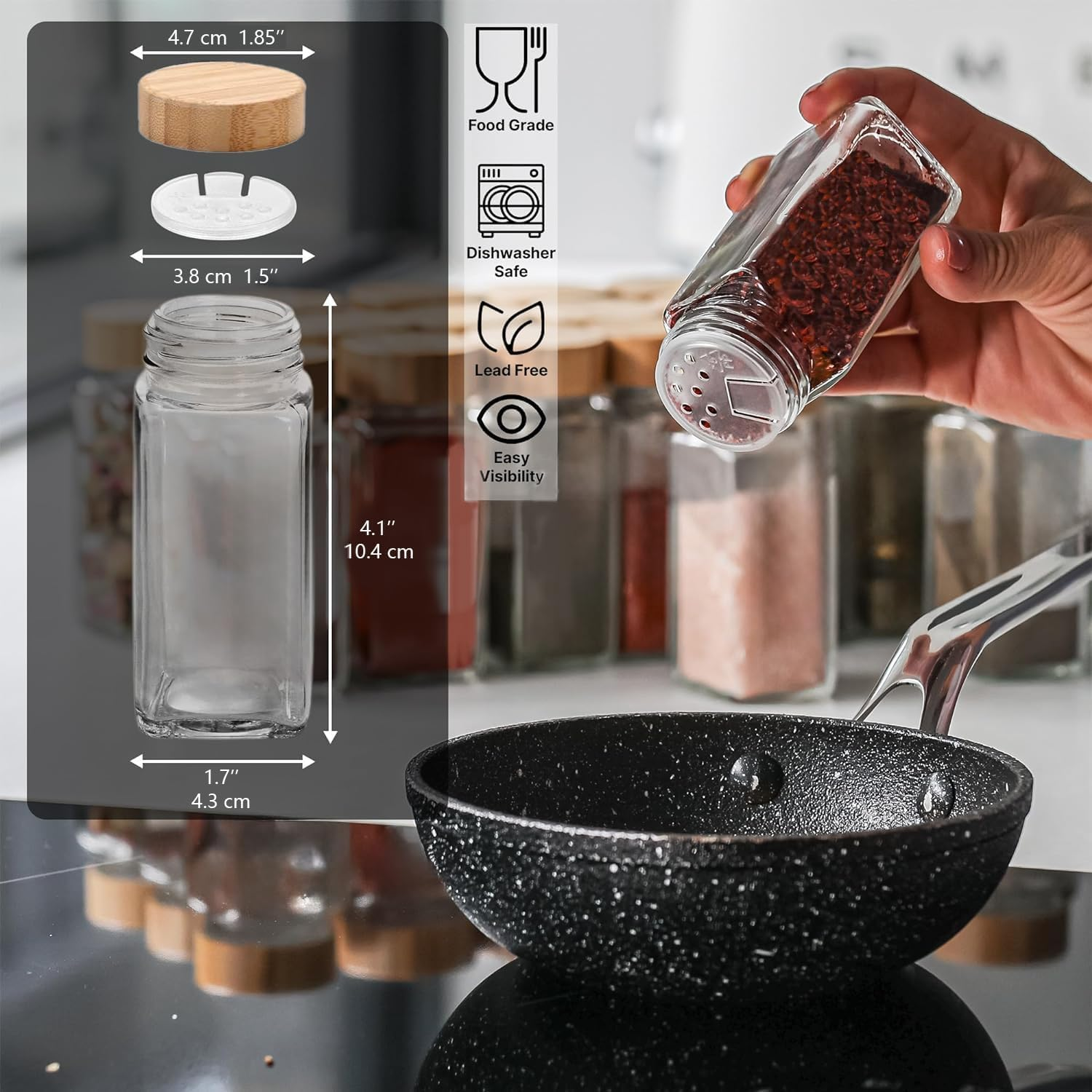 24 Pieces Glass Spice Jars Set with Bamboo Lids, Seasoning Containers for Spice Rack Kitchen Organizers and Storage image number 5