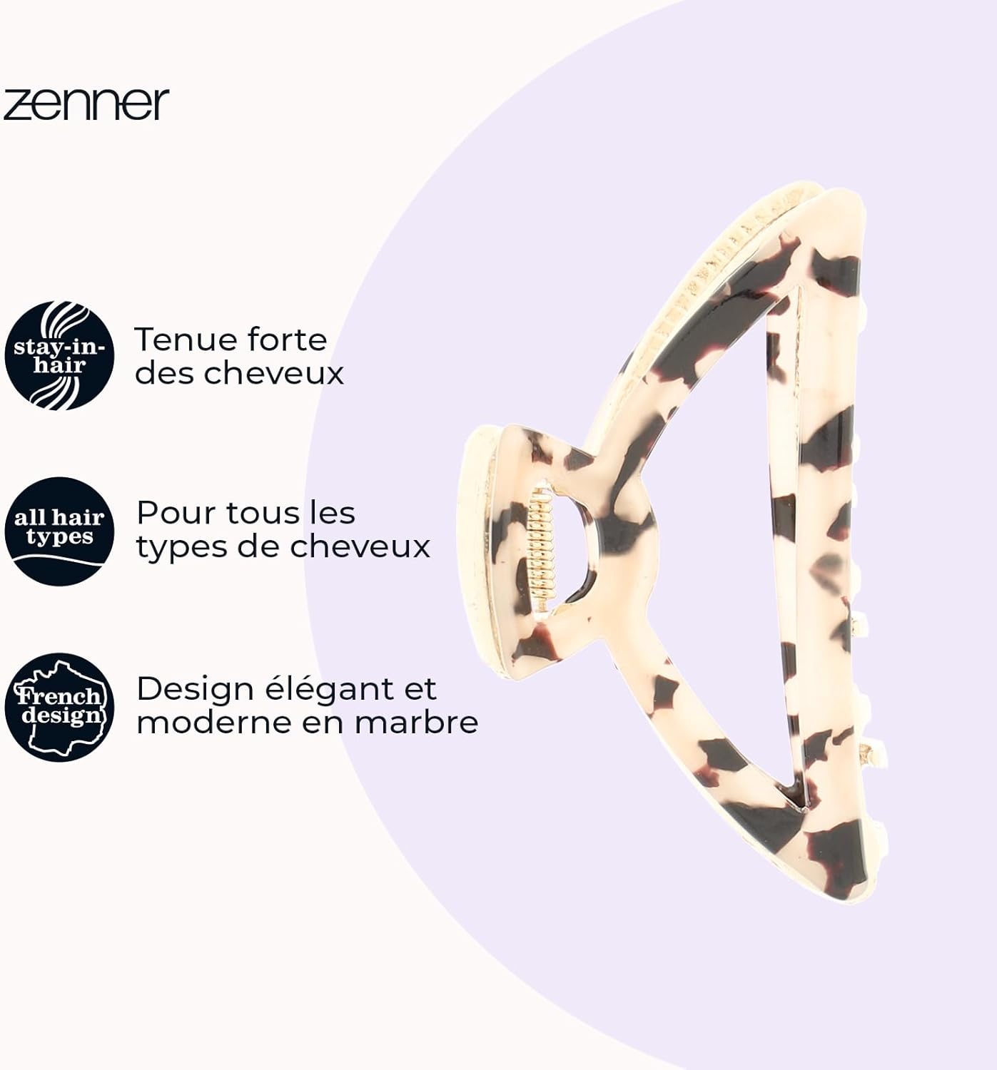 Zenner Marble Gold Hair Clip - Open Hair Clip with Curved Shape & Secure Hold - Stylish Marble Finish with Gold Accents - Comfortable Grip for Elegant or Casual Styles image number 4