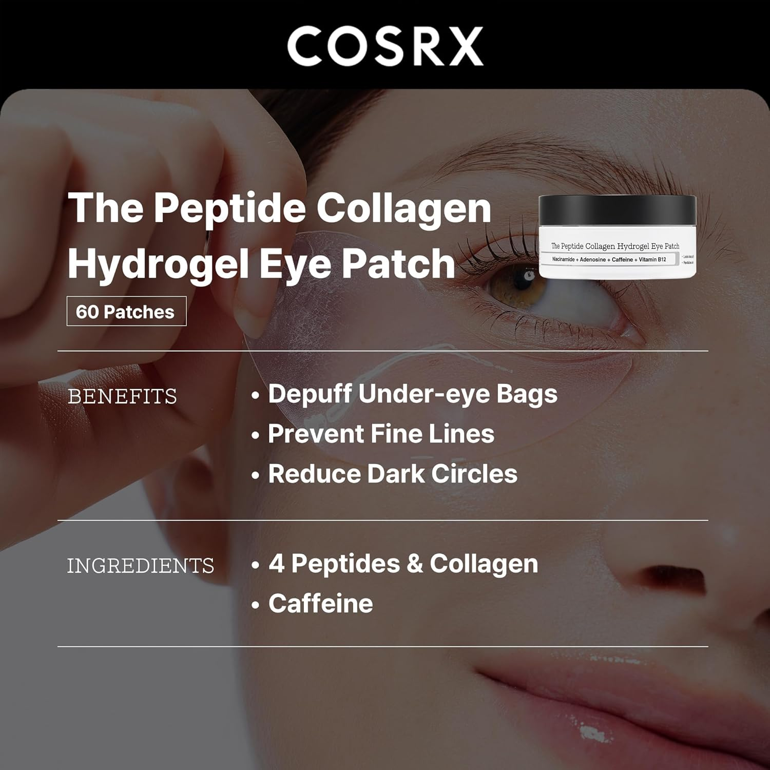 COSRX Peptide Collagen Hydrogel Eye Patch, 60 Patches, under Eye Patches for Puffy Eyes and Dark Circles with Caffeine, Korean Skin Care image number 2