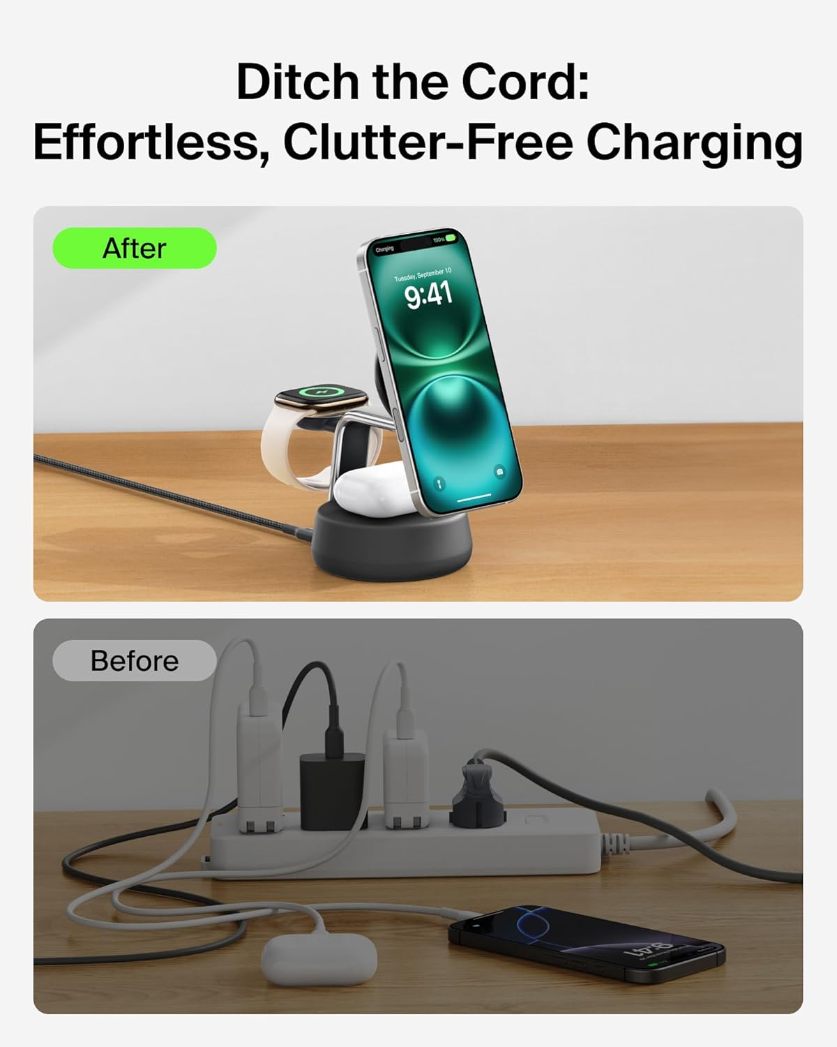 Belkin Magsafe Charger Compatible, 3-In-1 Qi2 Wireless Charging Dock 25W, Adjustable Wireless Charger for Iphone 16, Apple Watch, Airpods, Desktop Phone Stand for Travel W/ 45W Adapter - Charcoal image number 6