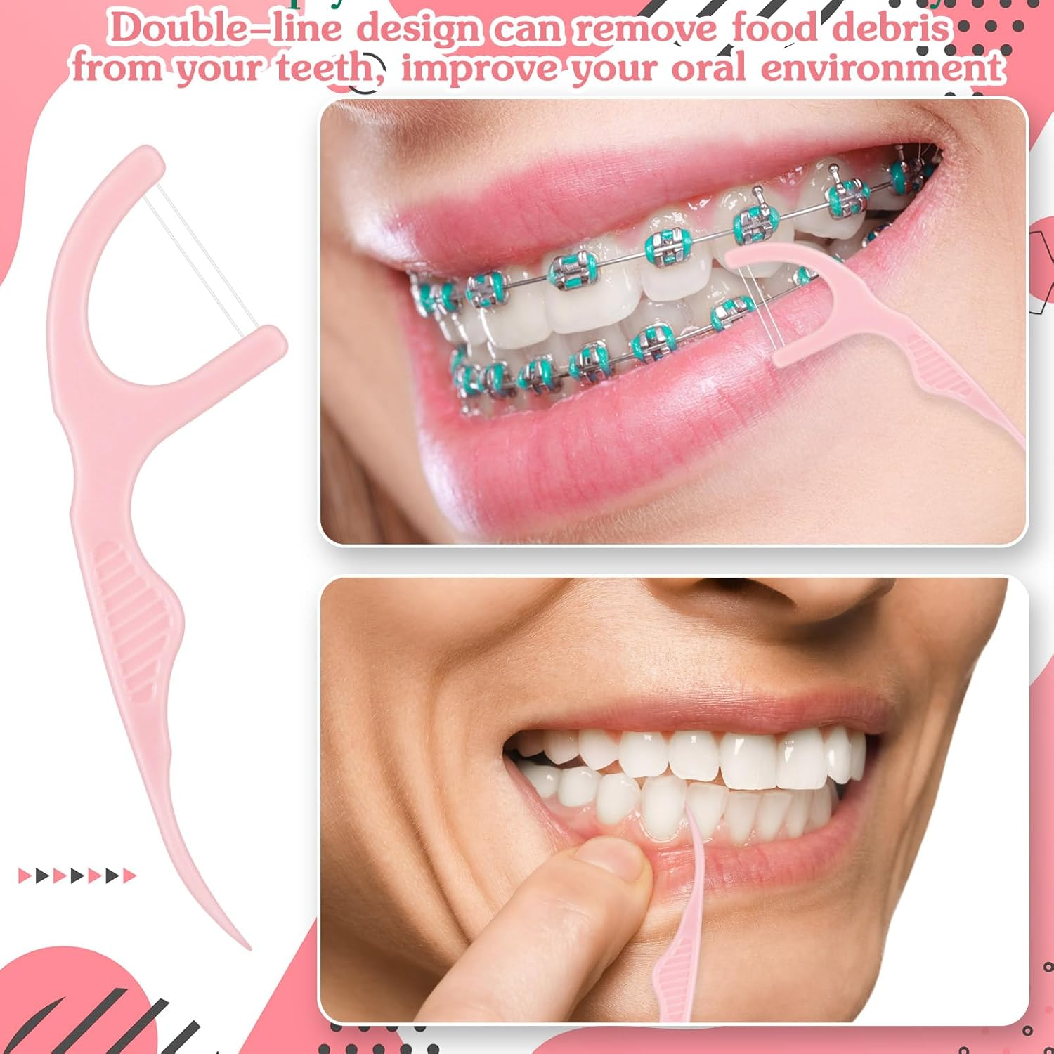 Baderke 100 Count Dual Line Floss Picks Dental Floss Sticks Bulk Non Breakable Toothpicks Double String Tooth Picks Flossers for Adults Teeth Cleaning Family Travel(Pink) - Black image number 7