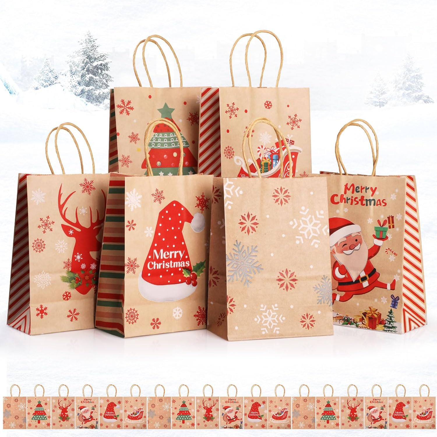 24 Pcs Christmas Kraft Gift Bags, Geeric Xmas Paper Bags Bulk with Handles Party Bags Christmas Candy Treat Bag Gift Bags for Xmas Gift Wrapping Christmas Party Santa Claus,Snowflake,Elk Print Pattern