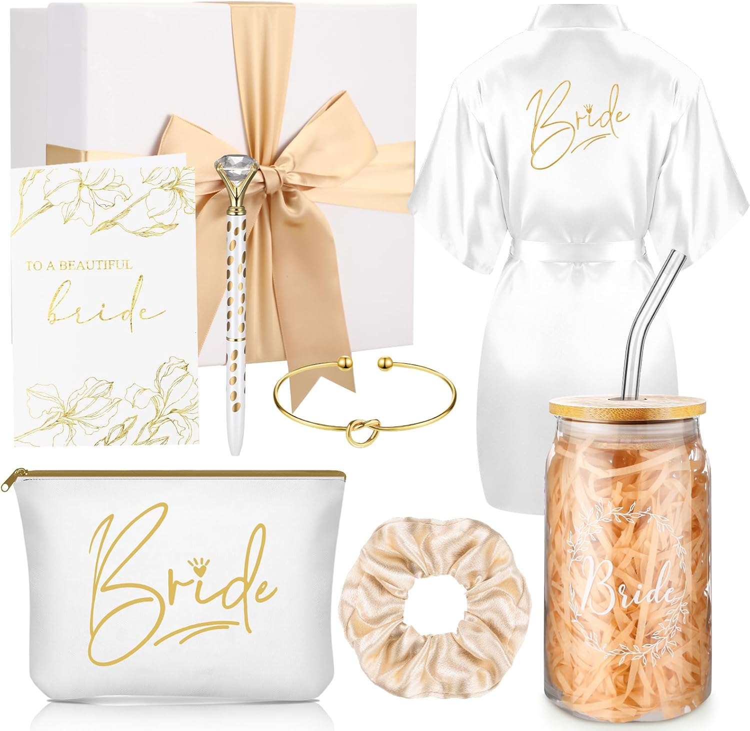 Irenare 8 Pcs Bride Gifts Set for Bridal Shower Bachelorette Party Robe Cup Makeup Bag Bracelet Scrunchies Card Pen Gift Box(Pink)