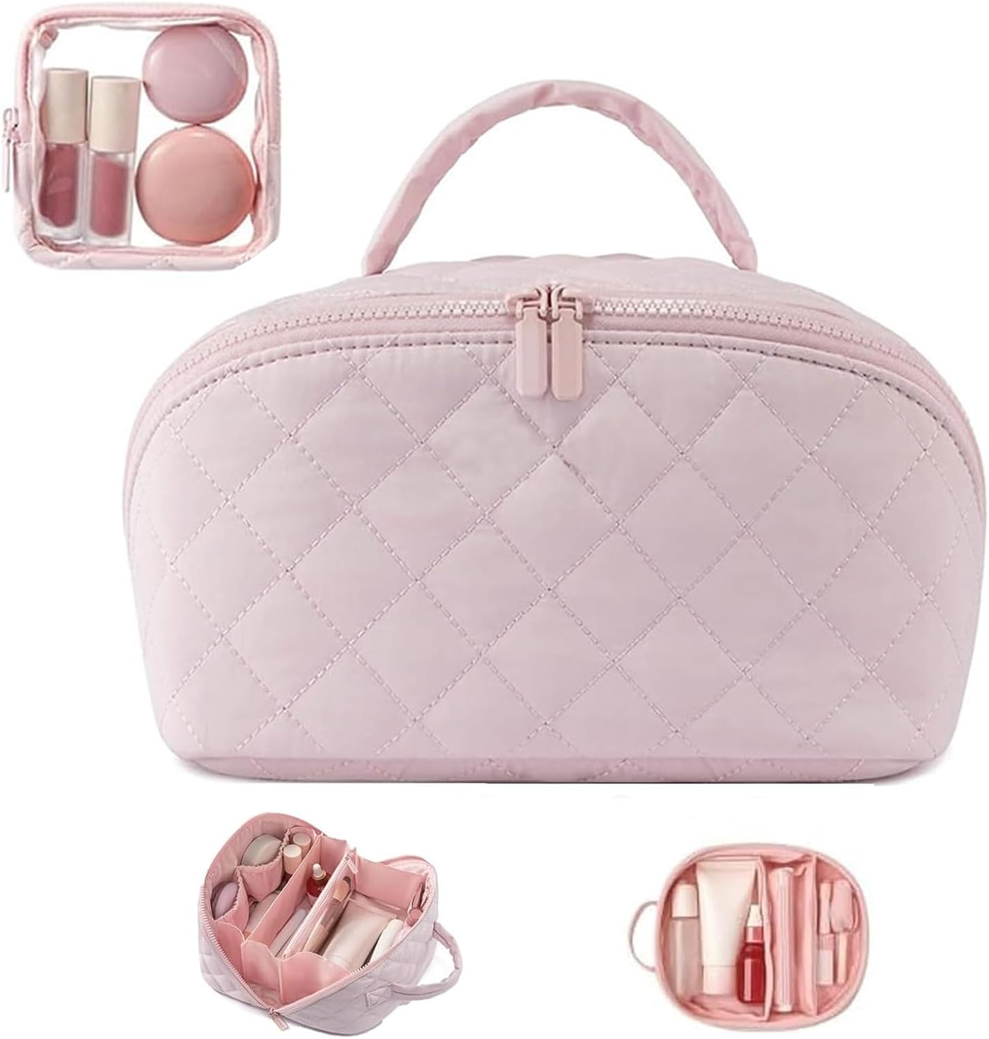 2 Pack Travel Makeup Bag Set with Clear Pouch, Women'S 180&deg; Lay-Flat Waterproof Cosmetic Organizer with Multi-Compartment, Large Capacity Toiletry & Brush Case for Daily Use and Travel (Pink) image number 1