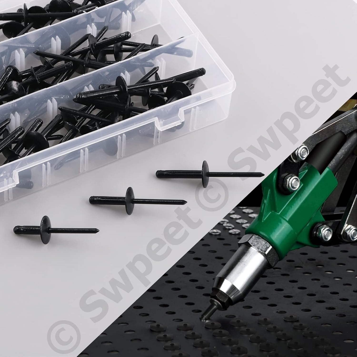 Swpeet 75Pcs 3/16" X 3/8" / 4/5" / 1" All Black Large Flange Aluminum Blind Rivets Kit, Black Pop Rivets Open End Type Pop Rivet for Indoor and Outdoor Use image number 3