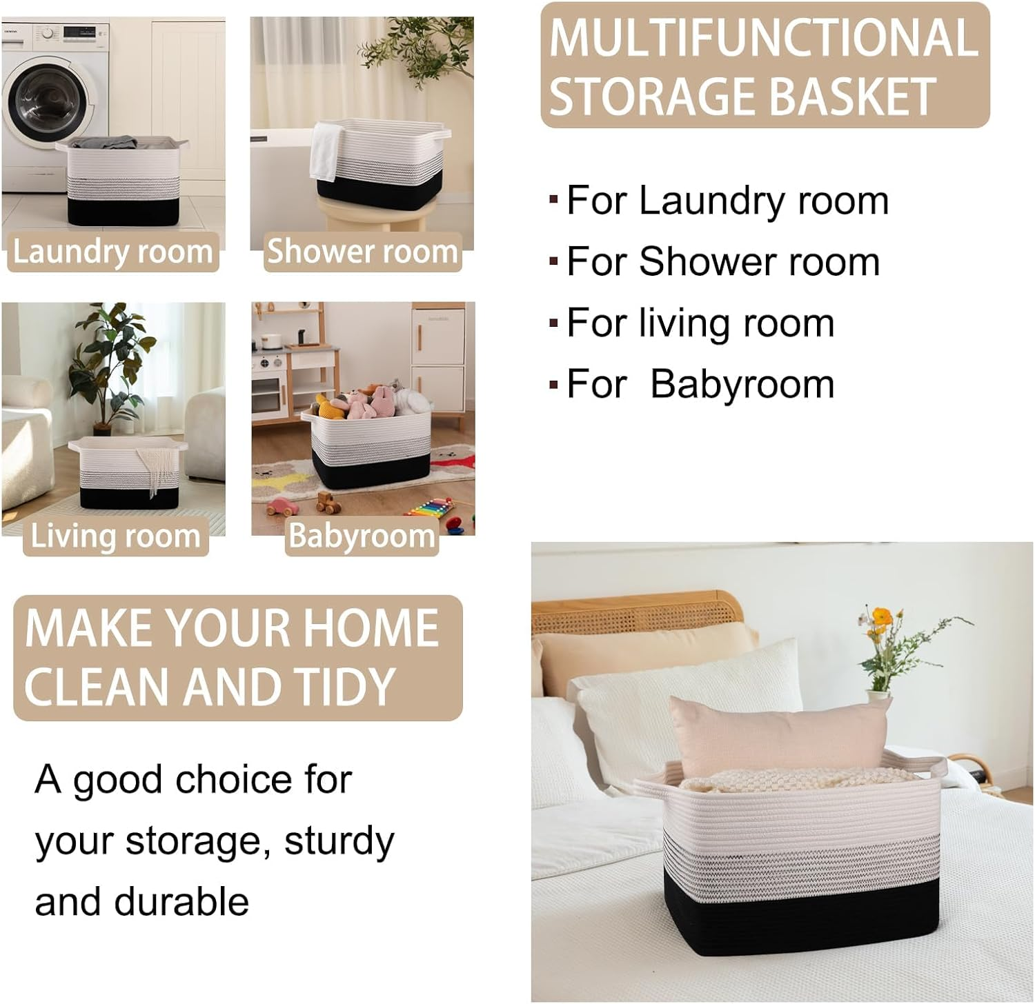 3 Pack Storage Basket, Cotton Rope Woven Basket with Handles for Shelf, Pet Toy, Book, Cloth, Storage Organizer for Living Room, Bathroom (Gradient Black, M) image number 6