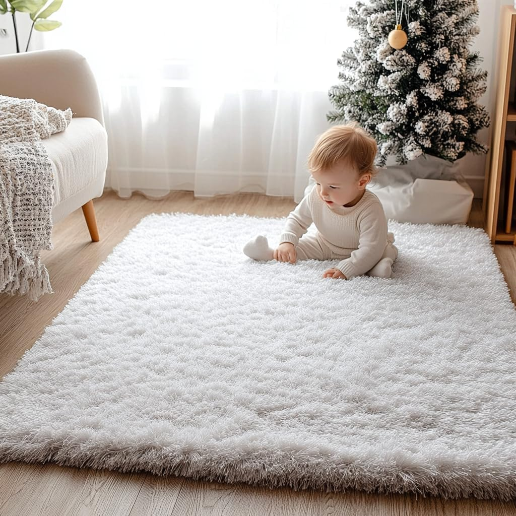 Rugs for Living Room Fluffy Area Rug Shaggy for Bedroom Soft Modern Luxury Fur Carpet for Kids Room Nursery Indoor Plush Furry Rug Comfy Home Decor Floor Mat (White, 60 * 110Cm) image number 3