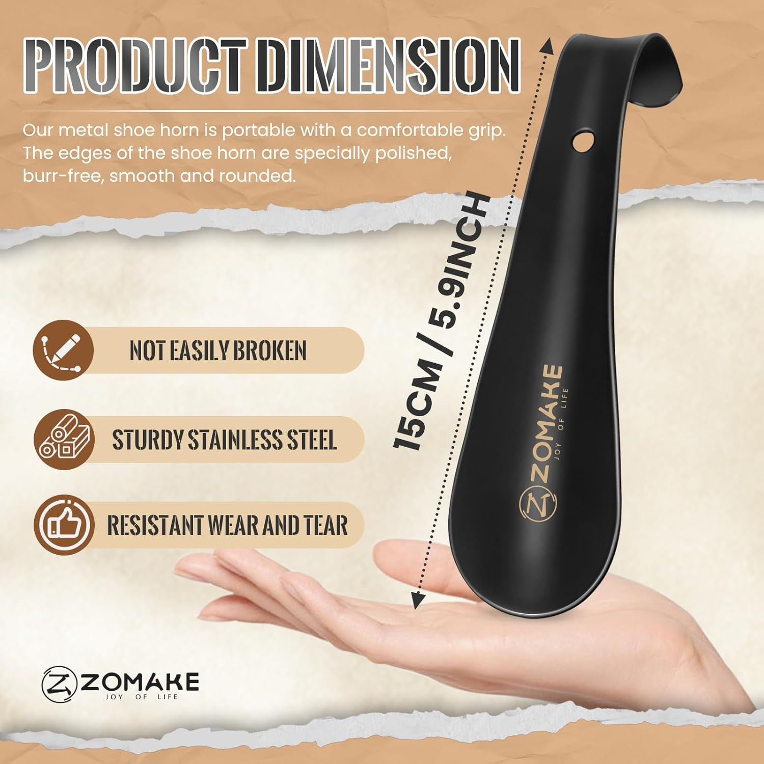 ZOMAKE Metal Shoe Horn Small Shoehorn 5.9 Inch - Travel Shoe Horns Stainless Steel Shoehorns Comfortable Handle with Hook for the Elderly Kids Men Women - Black/1Pcs image number 5