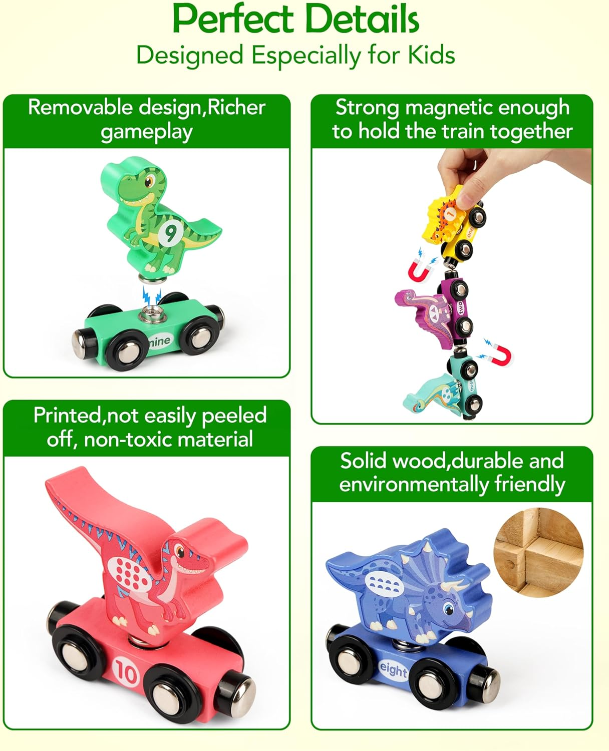 Vanmor Wooden Train Set with Dinosaur Toys - Educational Toddler Matching and Magnetic Number Train Learning Toys for Kids Ages 3-5 image number 3