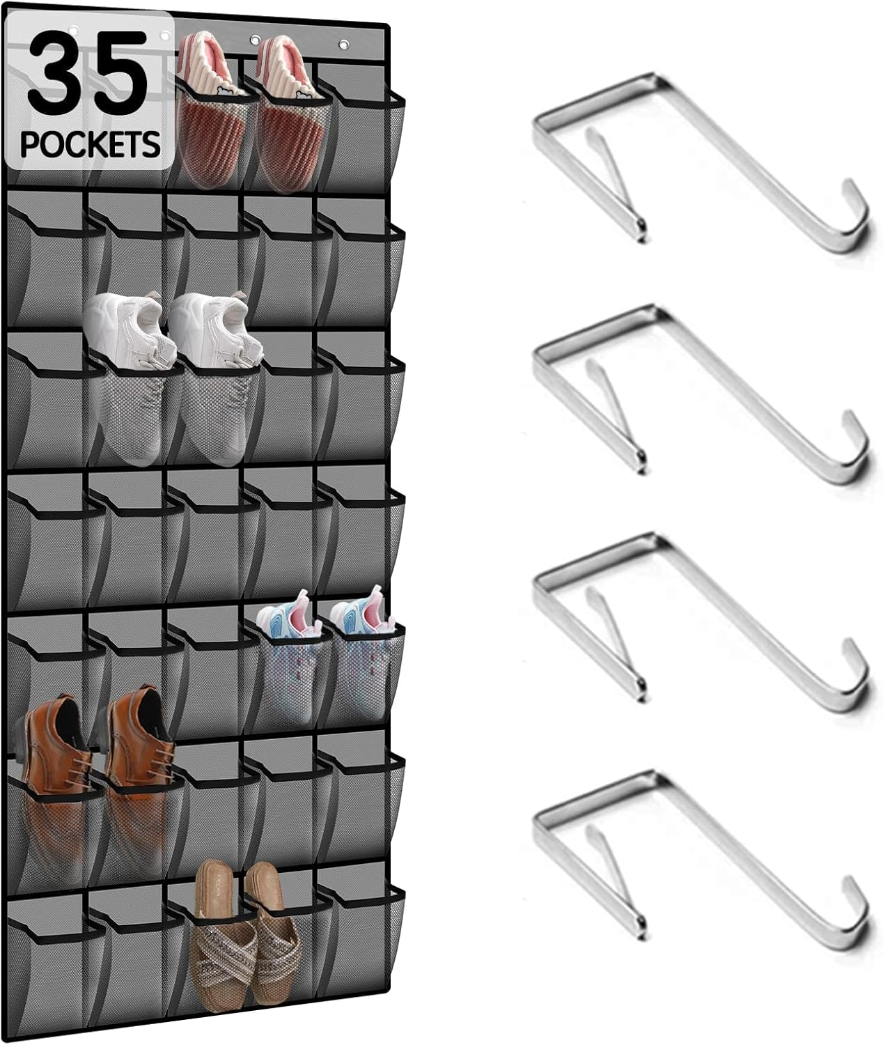 Over the Door Shoe Organiser, 35 Large Mesh Pockets, Space Saving Hanging Storage Holder, Closet Rack Hanger, Hangs on Closets for Shoes, Accessories, Black image number 4