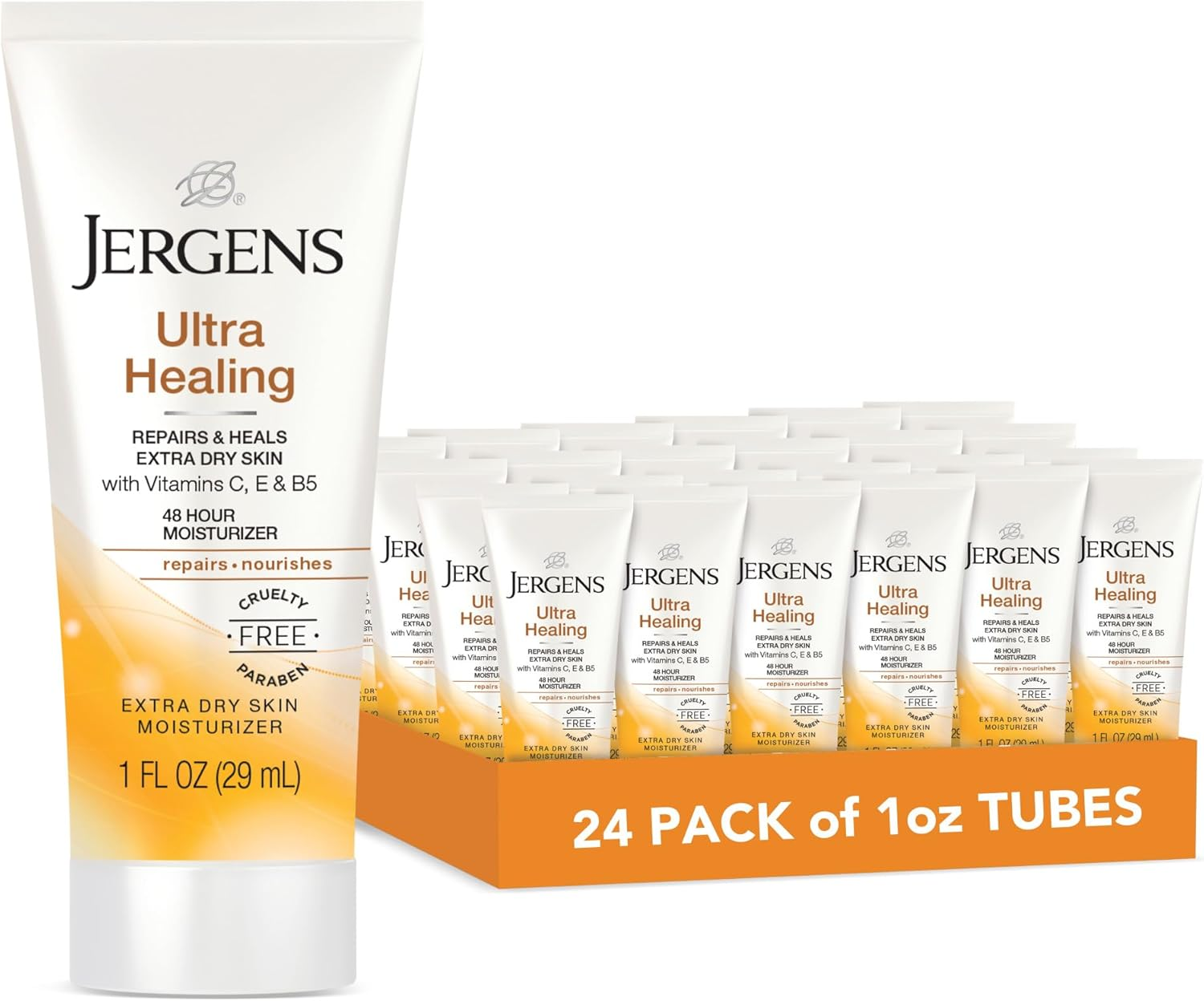Jergens Ultra Healing Dry Skin Moisturizer, Travel Size Body and Hand Lotion, for Extra Dry Skin, Use after Washing Hands, HYDRALUCENCE Blend, Vitamins C, E, B5, 1 Fl Oz (Pack of 24) image number 3