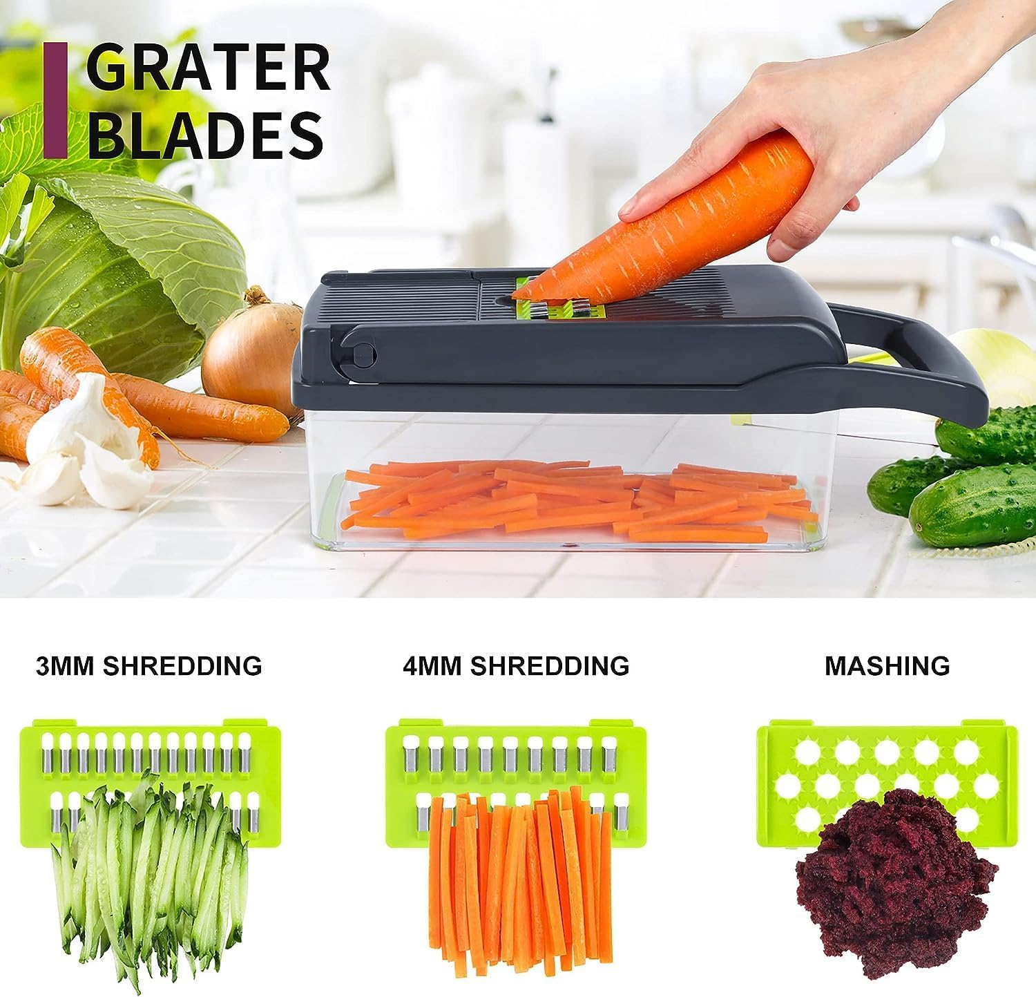 Vegetable Chopper and Slicer, 14 in 1 Mandoline Slicer with Stainless Steel Blades and Container, Multifunctional Onion Chopper and French Fry Cutter - Easy to Clean and Safe for Vegetables and Fruits