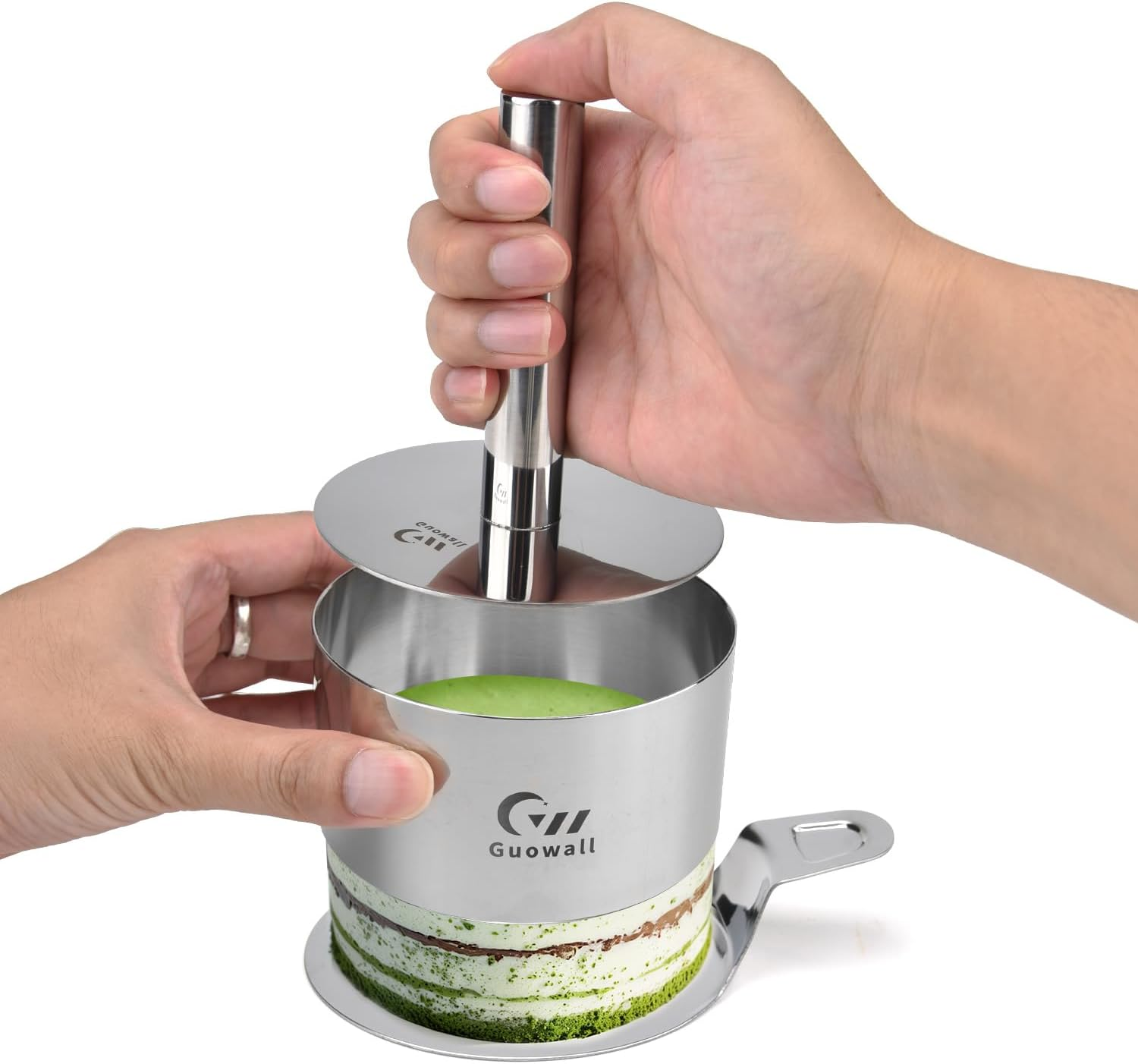 Guowall 6Pcs 4 Inch Seamless Mousse Cake Ring Set for Baking Stainless Steel round Food Mold Cookie Pastry Cutter - 1 Lifter, 1 Pusher and 4 Rings image number 5