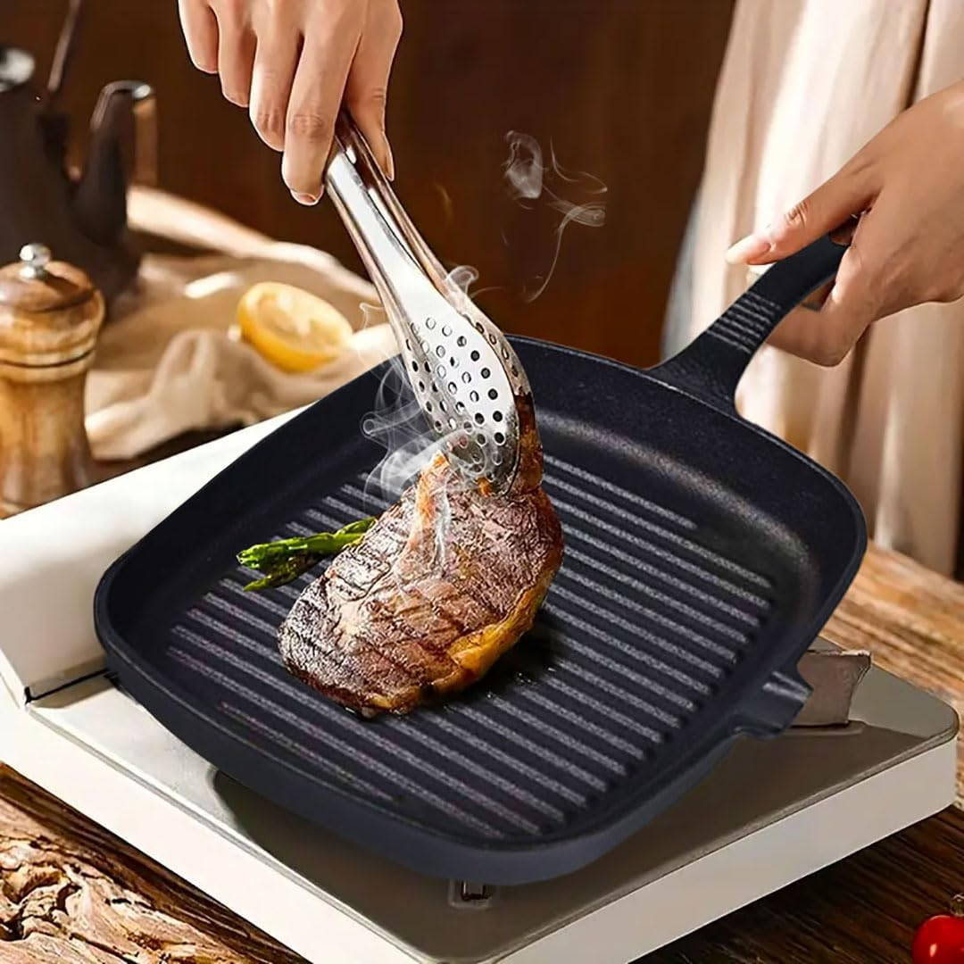 SOGA 9.25" Square Ribbed Cast Iron Frying Pan Skillet Coating Steak Sizzle Platter- Durable, Long-Lasting Kitchen Cookware. Ideal for Frying, Boiling, Pre-Seasoning, and More image number 2