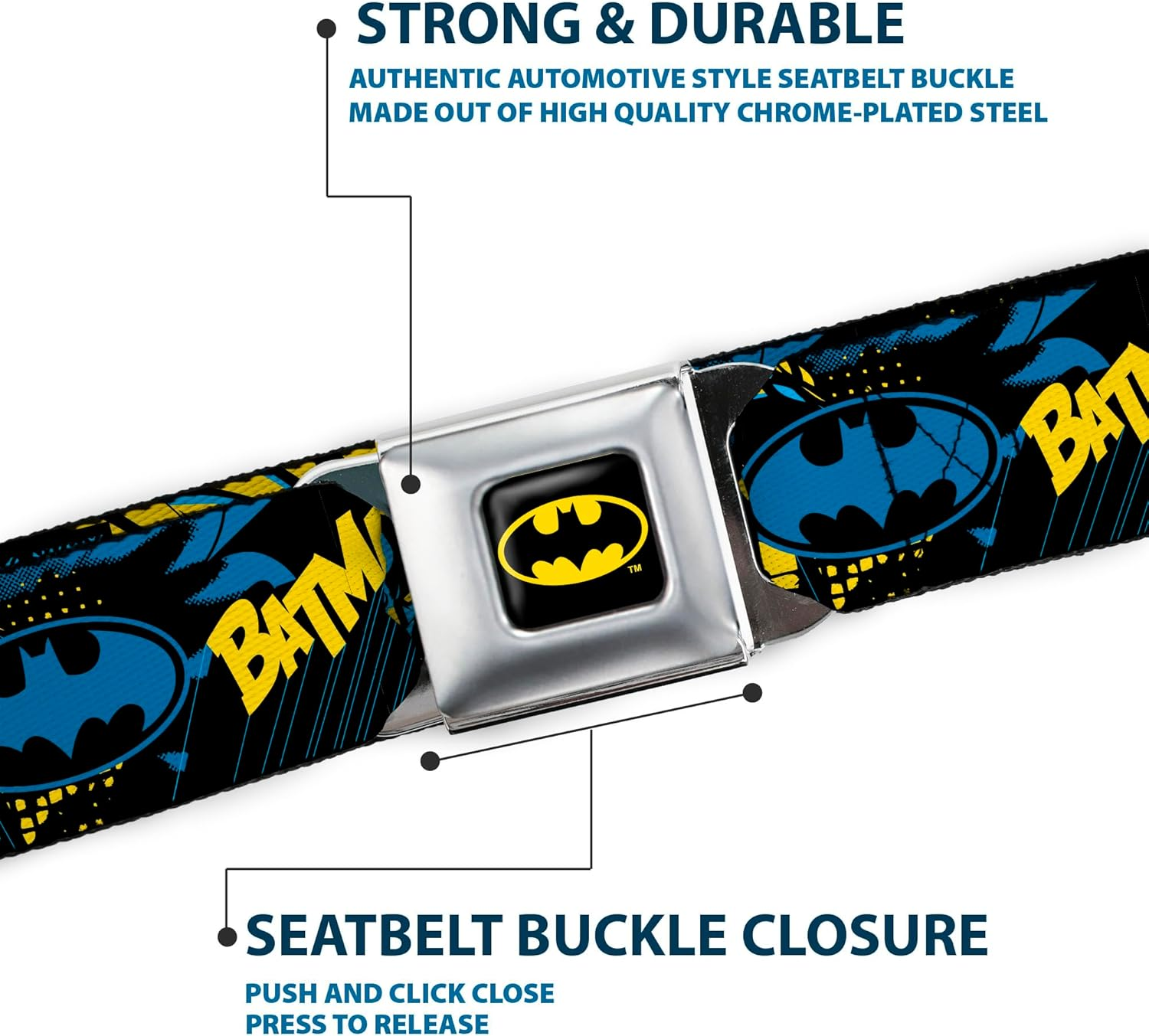 DC Comics Belt, Seatbelt Buckle Belt, Batman Poses and Logo Collage Black Blue Yellow, Adjustable image number 4