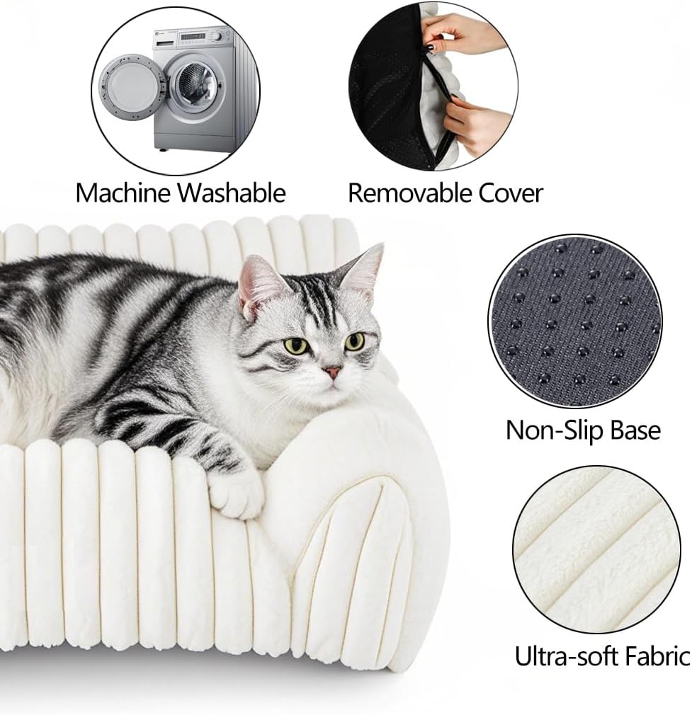 Cute Cat Couch Bed for Indoor Cats, Fluffy Cat Sofa with Premium Soft Corduroy Fleece, Fuzzy Pet Chair with Removable Washable Cover, Orthopedic Small Pet Bed with Non-Slip Bottom (:61*45*25Cm,Cream) image number 1
