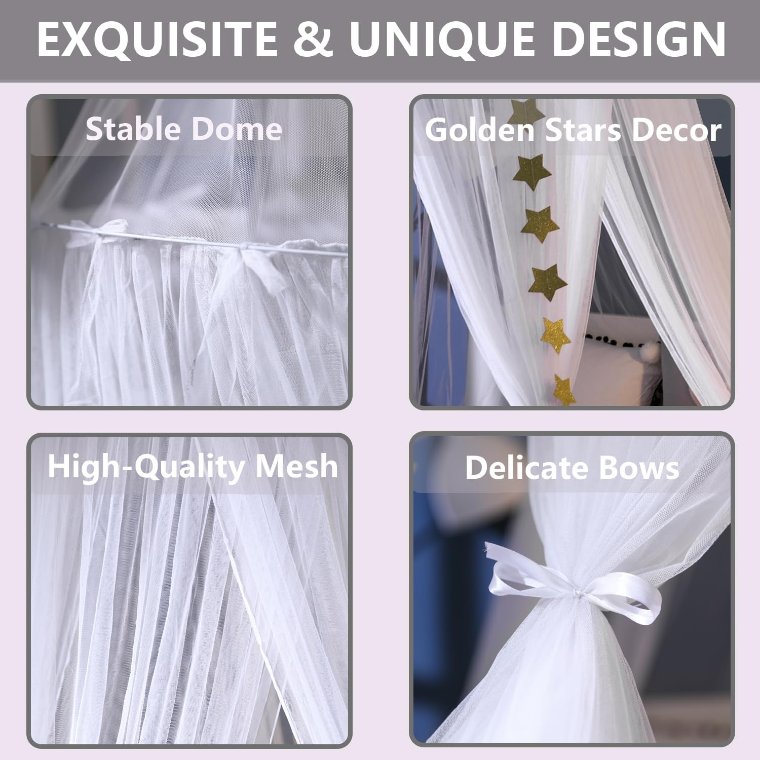 Crown Bed Canopy Mosquito Net with round Dome, Curtain Court Canopy with Stars Decor for Baby Crib, Kid Bed, Play Tent, Children Reading Nook Canopies Indoor, Hanging Bed Net Decoration (White) image number 4